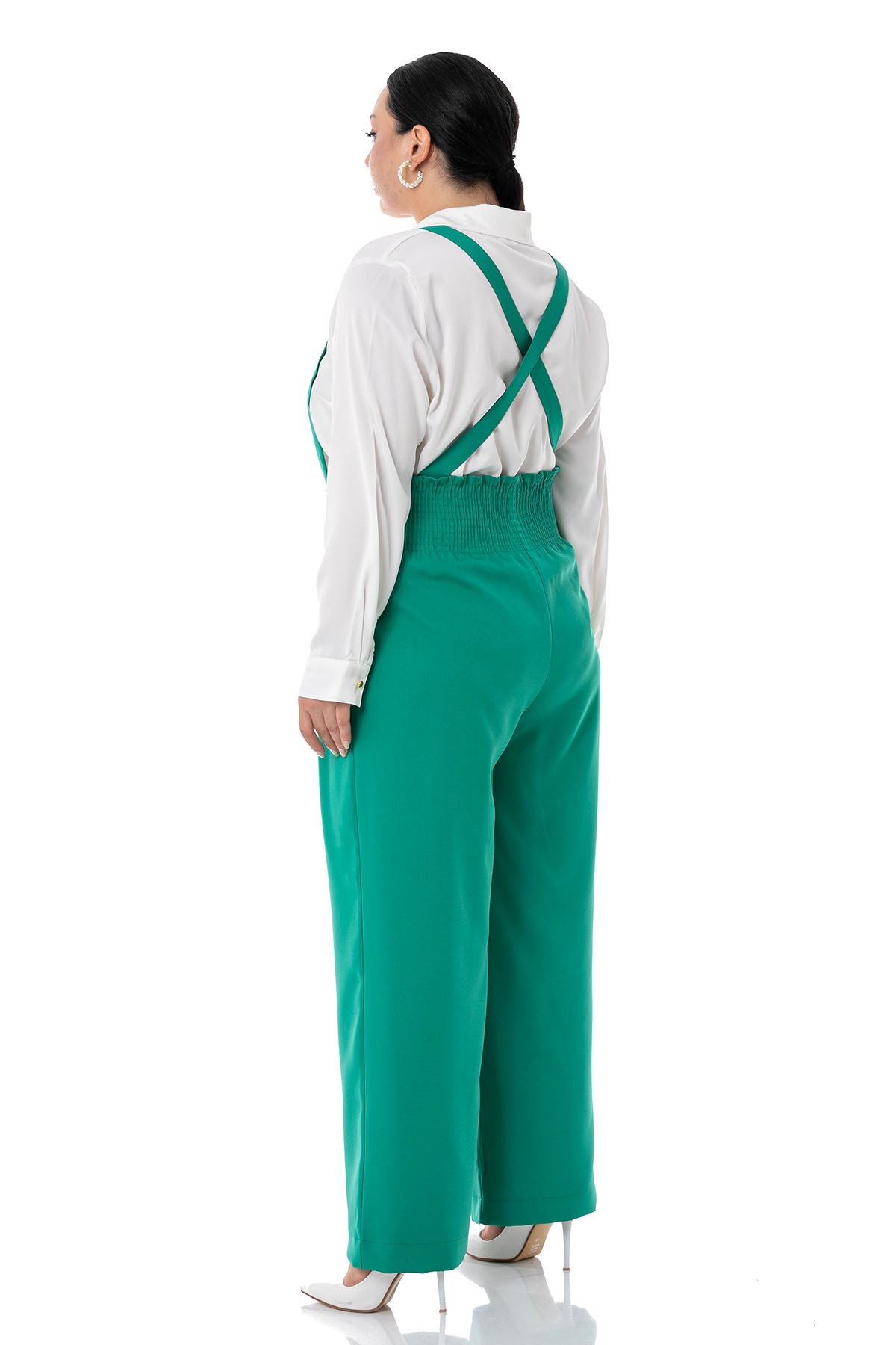 Plus Size Pleated Front Waist Waist Elastic Strap Wide Leg Double Green Trousers