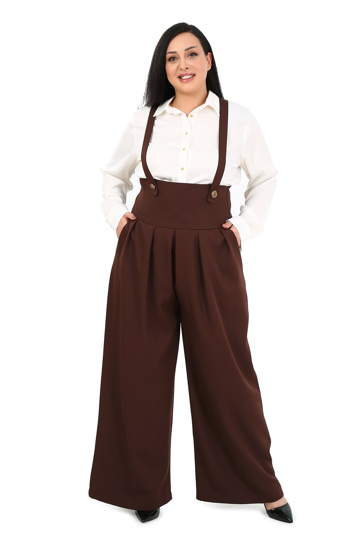 Plus Size Pleated Front Pocket Suspender Button Detailed Wide Leg Brown Trousers