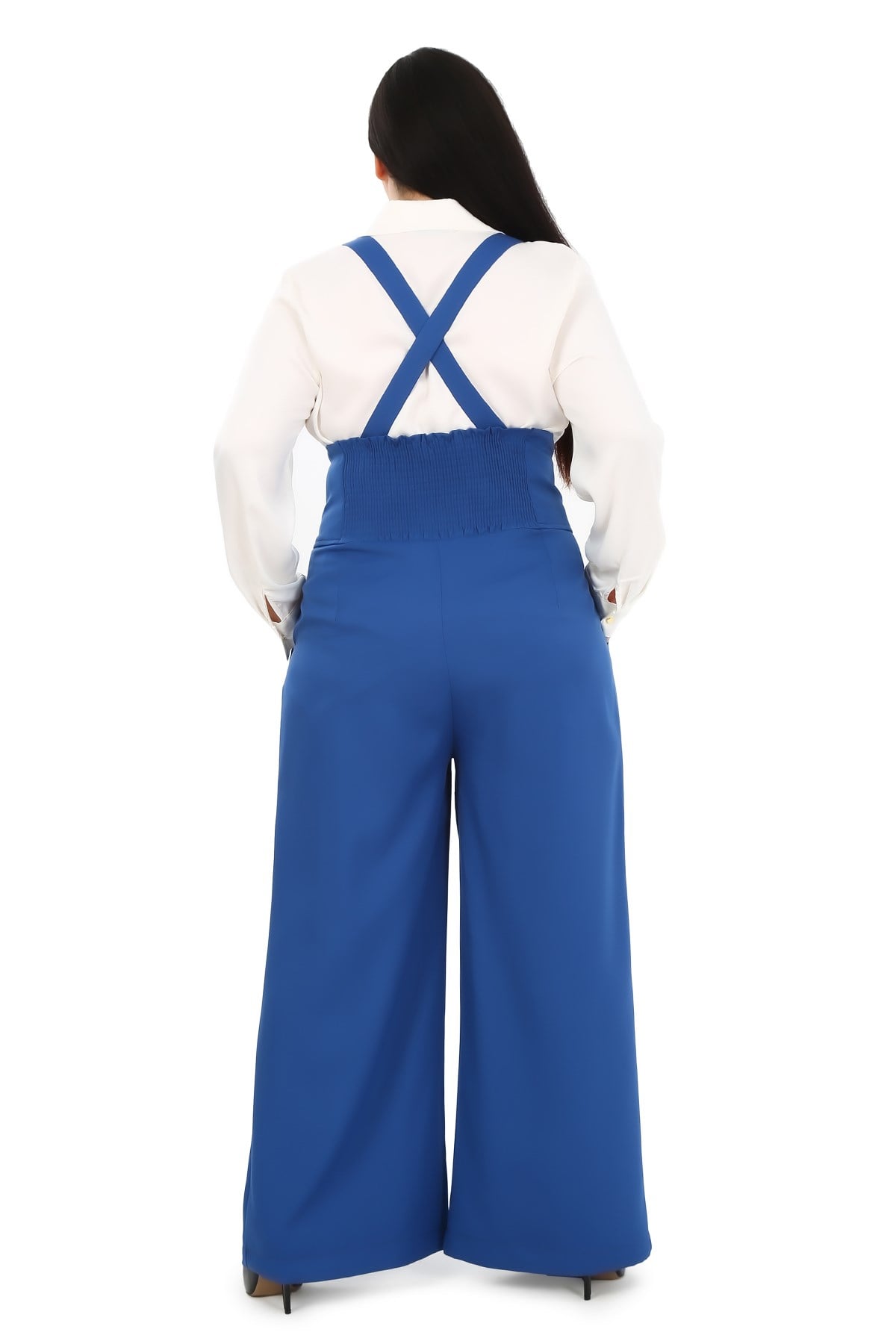 Plus Size Pleated Front Pocket Suspender Button Detailed Wide Leg İndigo Trousers