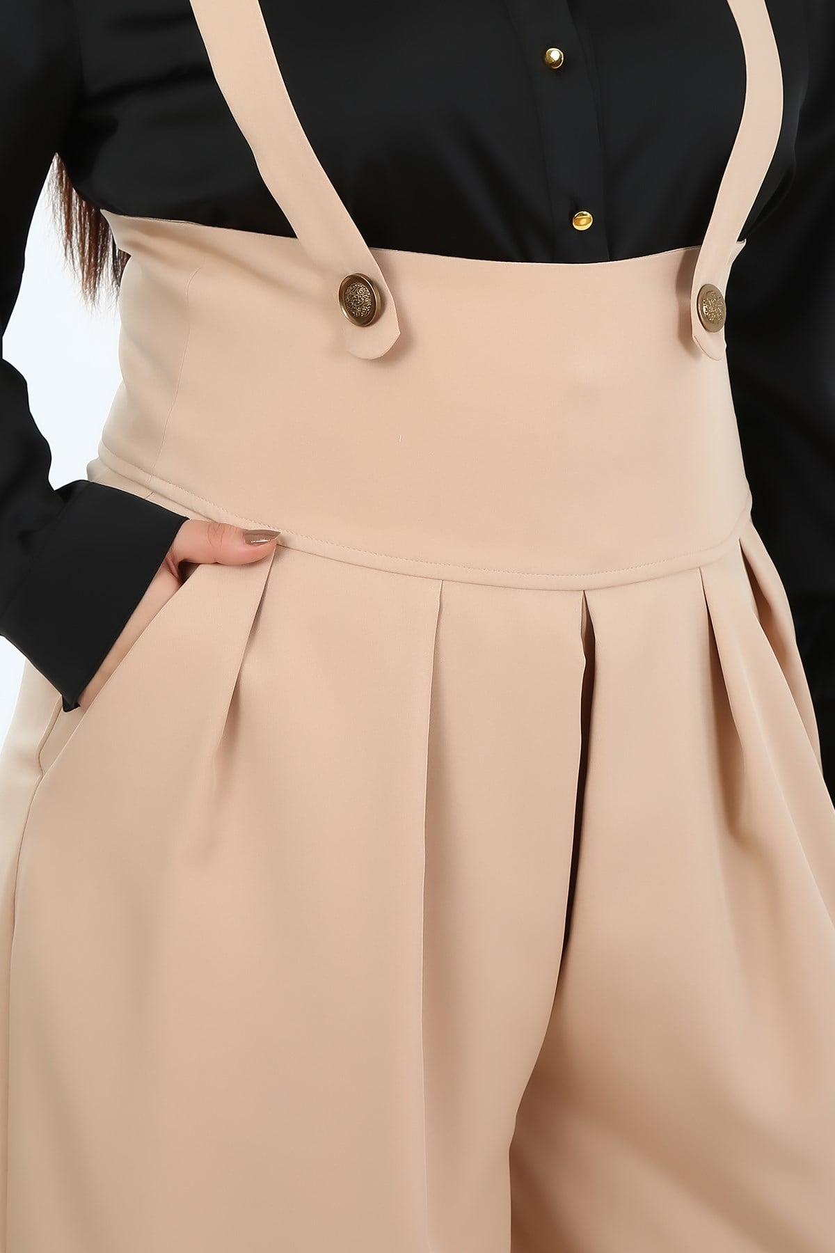 Plus Size Pleated Front Pocket Suspender Button Detailed Wide Leg Beige Trousers
