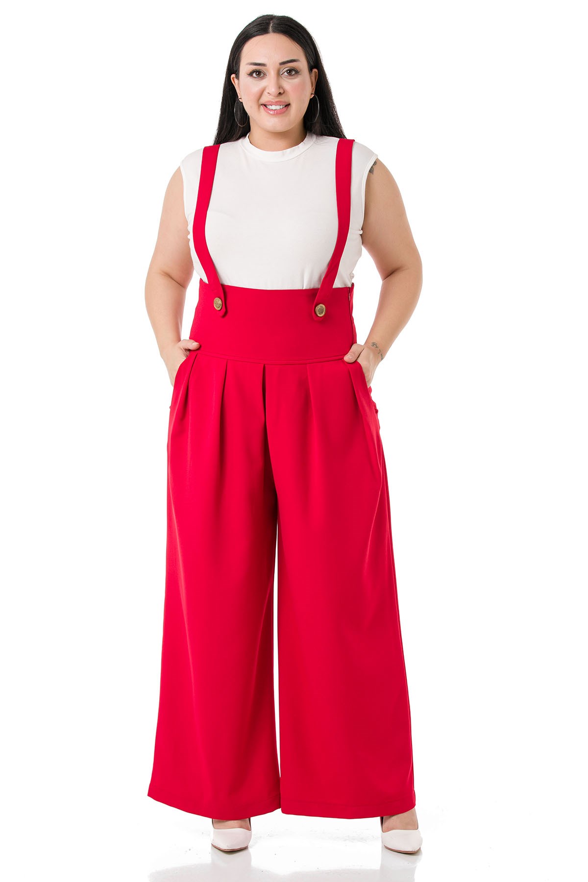 Plus Size Pleated Front Pocket Suspender Button Detailed Wide Leg Red Trousers