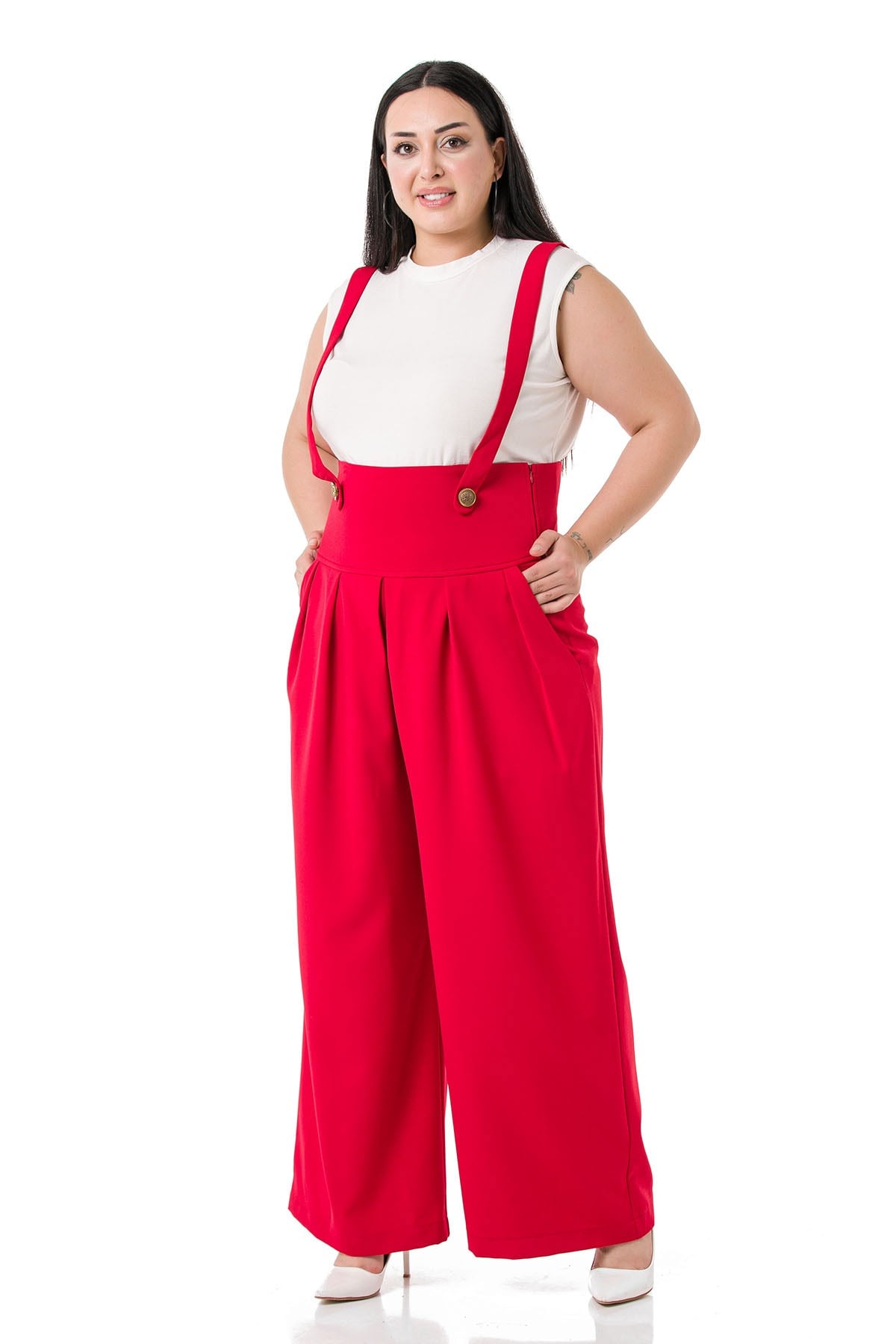 Plus Size Pleated Front Pocket Suspender Button Detailed Wide Leg Red Trousers