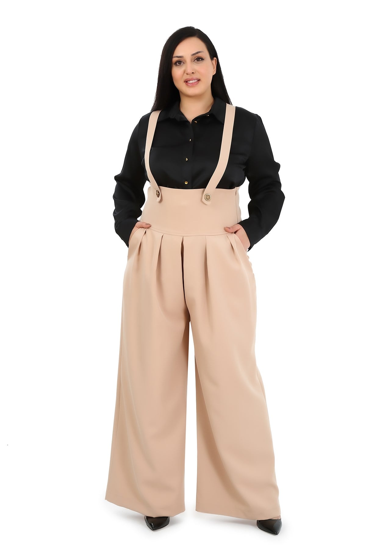 Plus Size Pleated Front Pocket Suspender Button Detailed Wide Leg Beige Trousers
