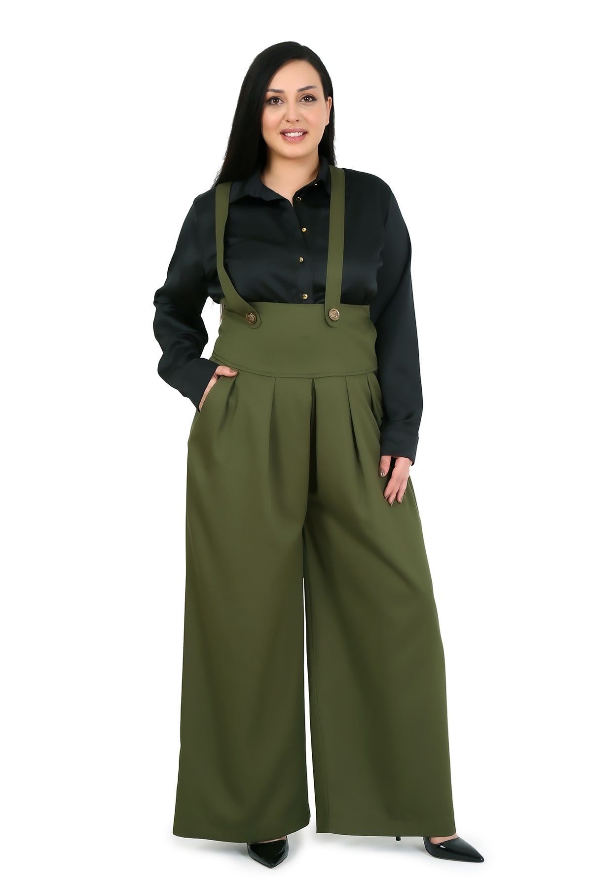 Plus Size Pleated Front Pocket Suspender Button Detailed Wide Leg Khaki Trousers