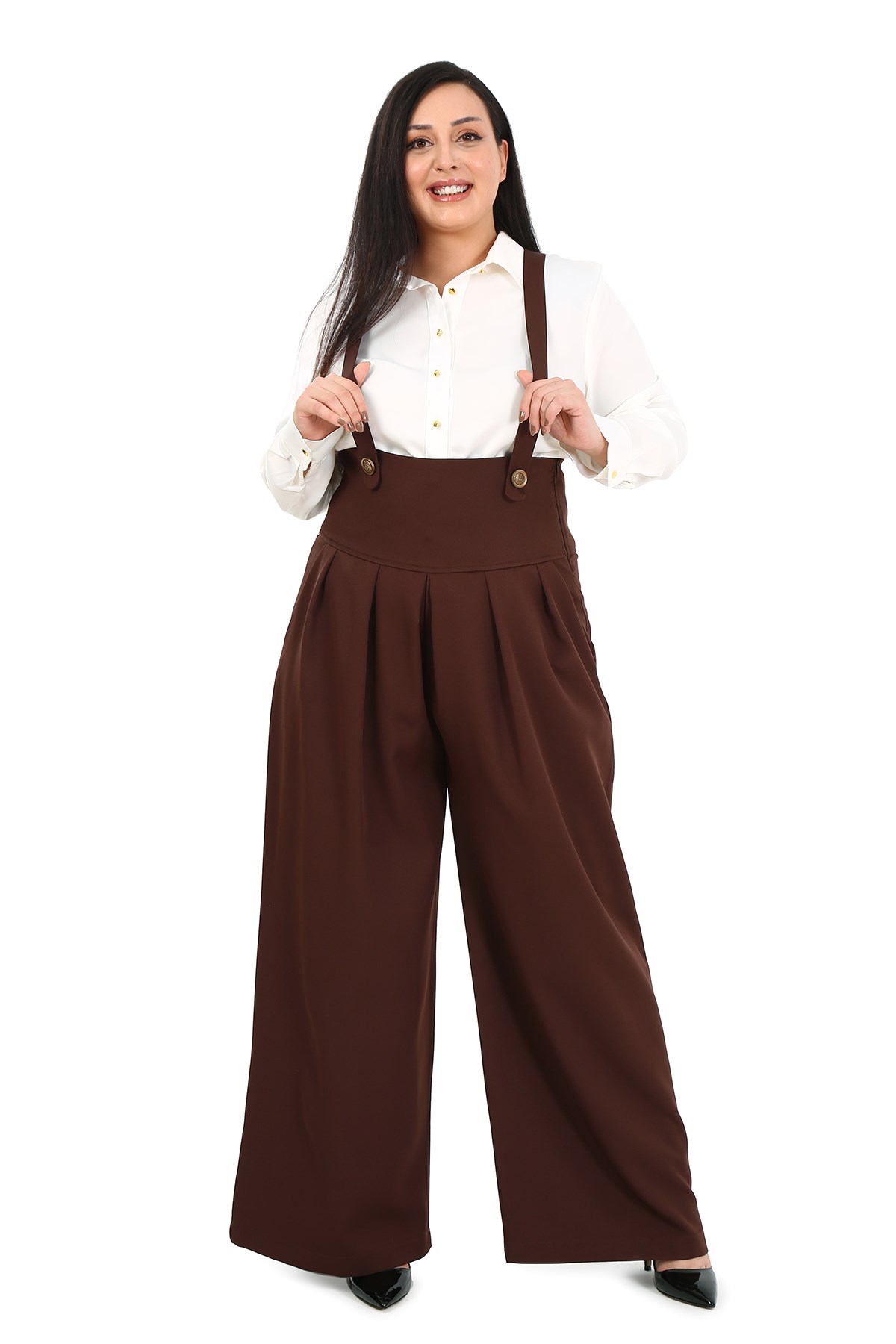 Plus Size Pleated Front Pocket Suspender Button Detailed Wide Leg Brown Trousers