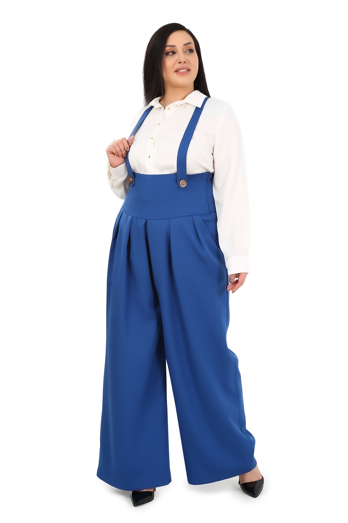 Plus Size Pleated Front Pocket Suspender Button Detailed Wide Leg İndigo Trousers