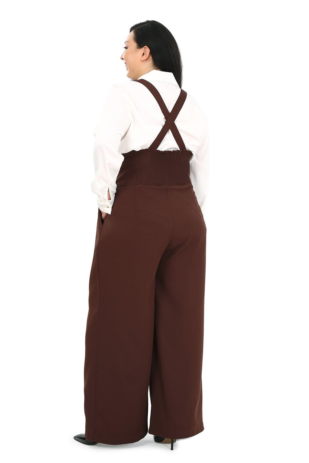 Plus Size Pleated Front Pocket Suspender Button Detailed Wide Leg Brown Trousers