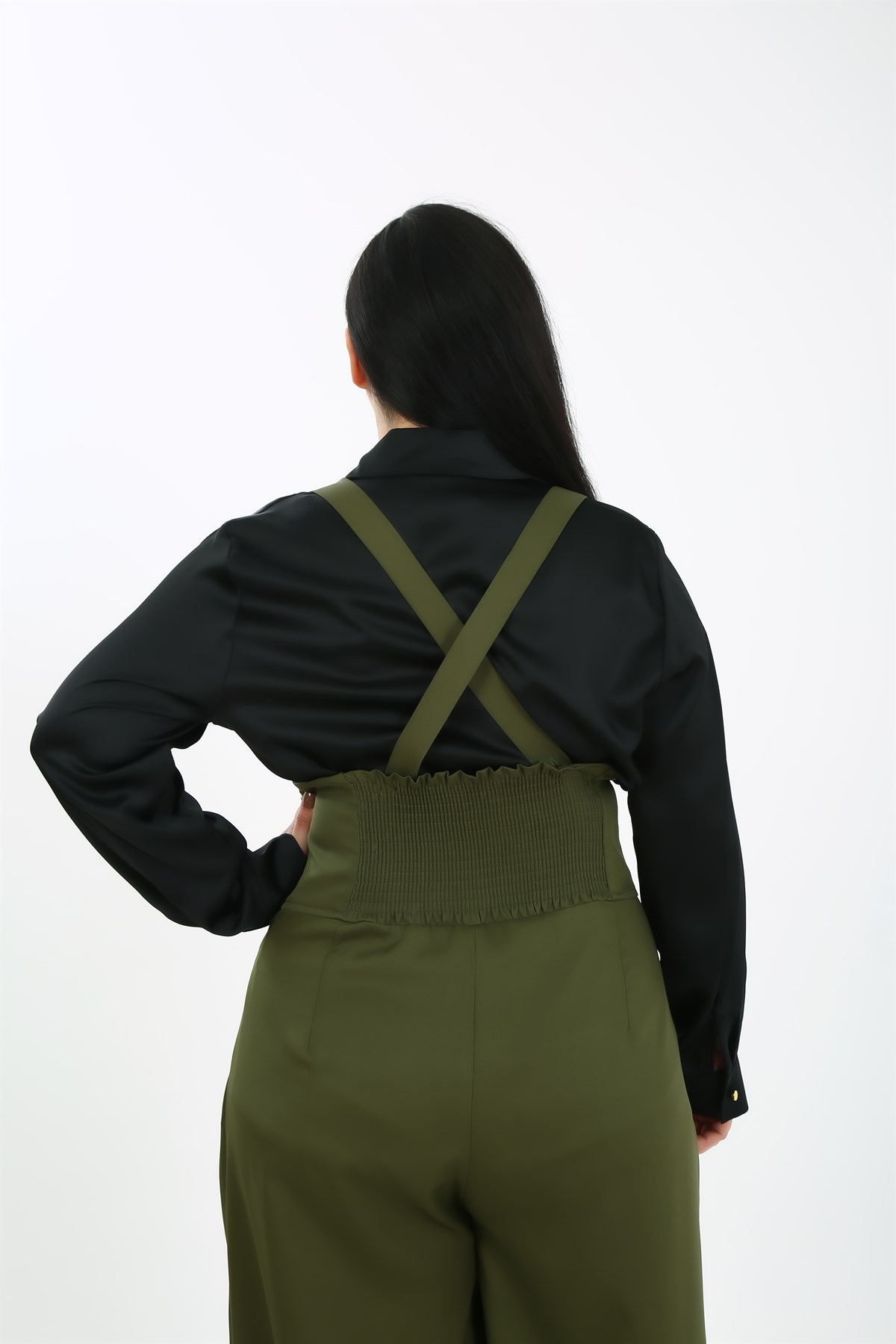 Plus Size Pleated Front Pocket Suspender Button Detailed Wide Leg Khaki Trousers