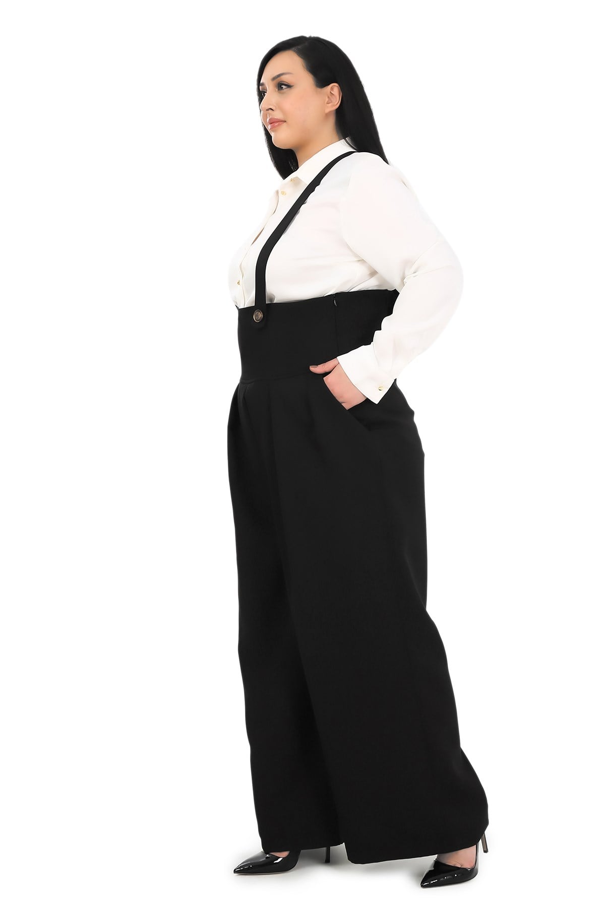 Plus Size Pleated Front Pocket Suspender Button Detailed Wide Leg Black Trousers