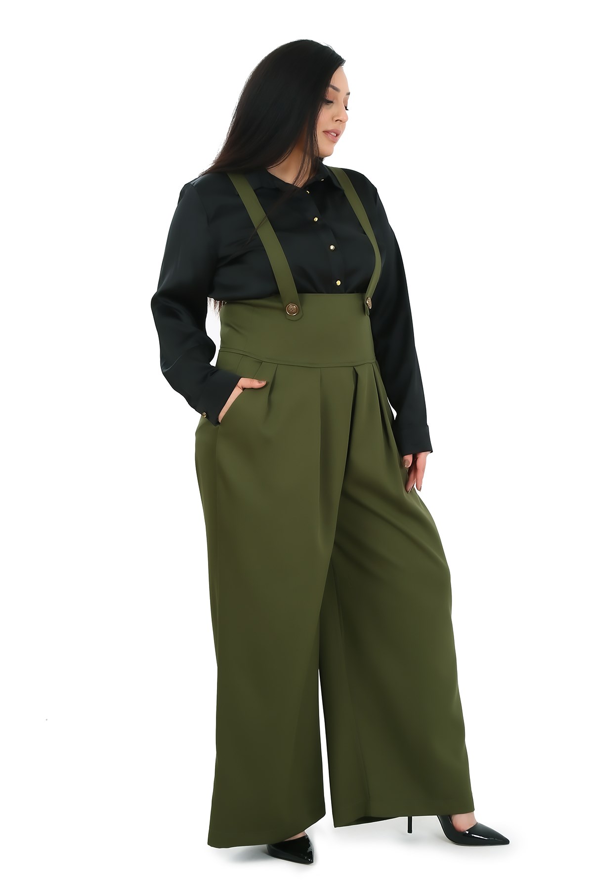 Plus Size Pleated Front Pocket Suspender Button Detailed Wide Leg Khaki Trousers