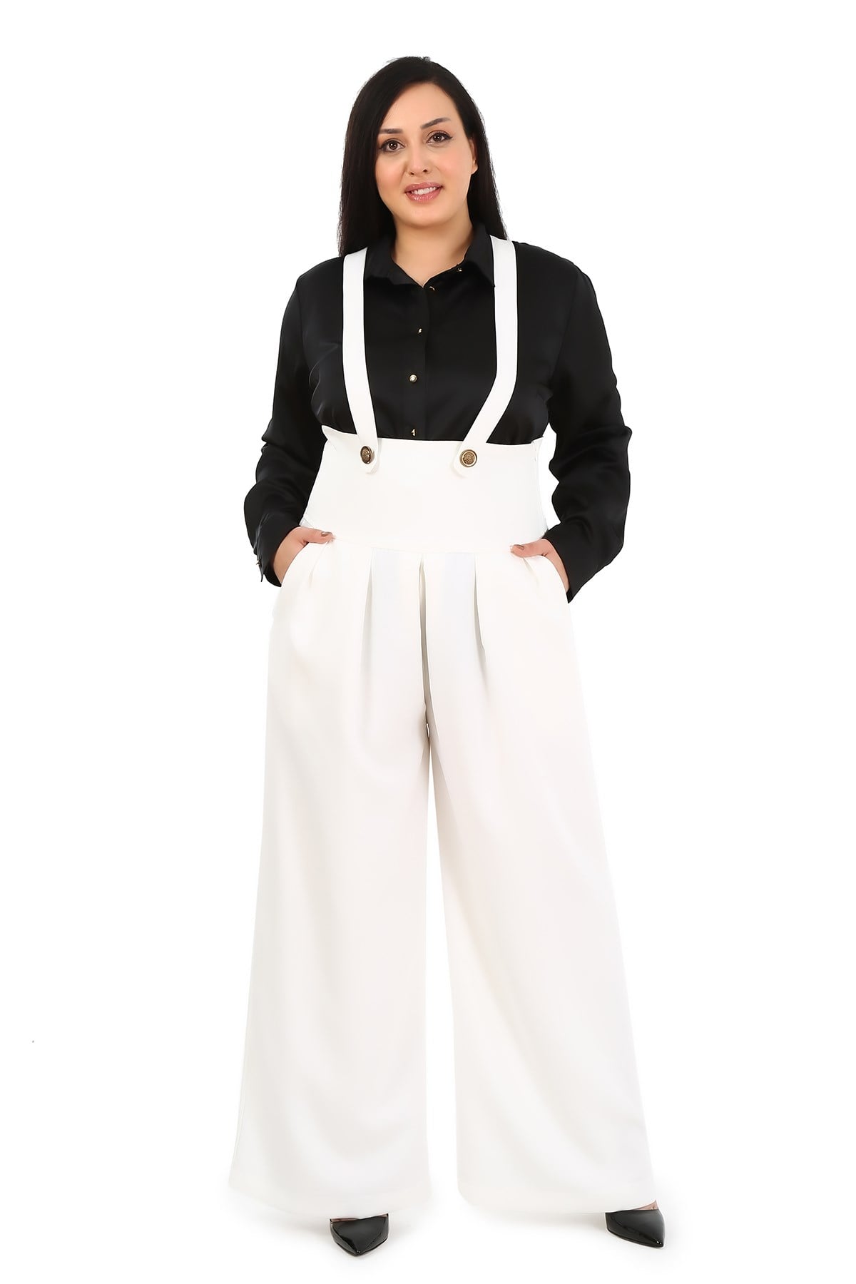 Plus Size Pleated Front Pocket Suspender Button Detailed Wide Leg White Trousers