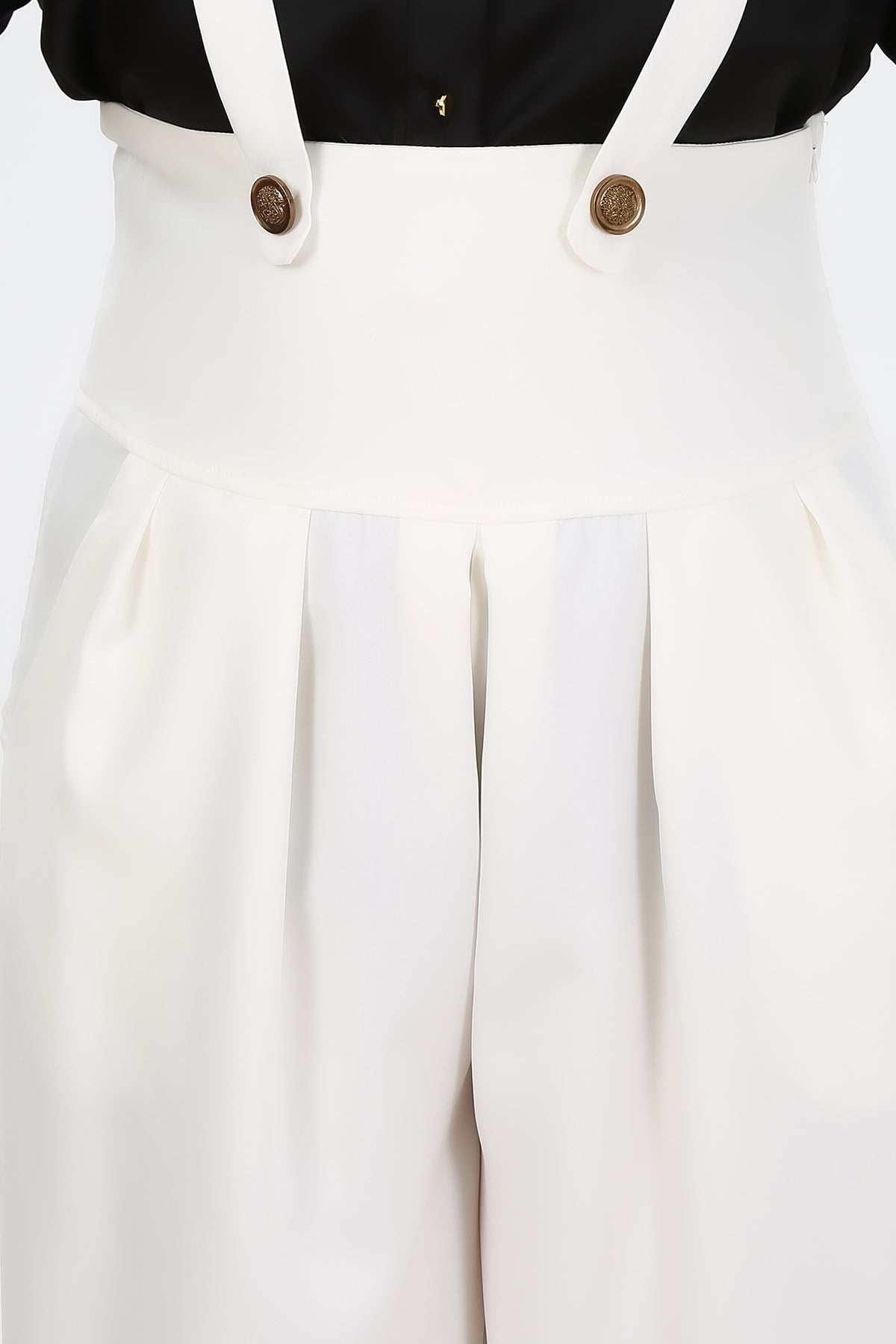Plus Size Pleated Front Pocket Suspender Button Detailed Wide Leg White Trousers