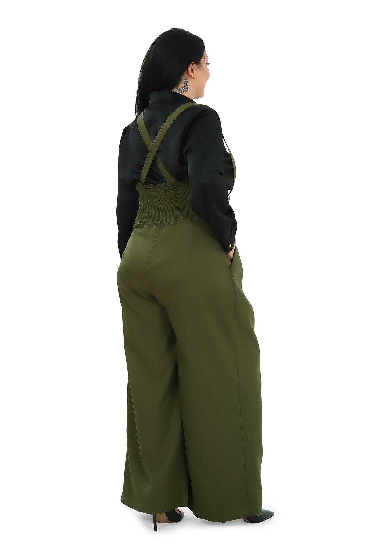 Plus Size Pleated Front Pocket Suspender Button Detailed Wide Leg Khaki Trousers