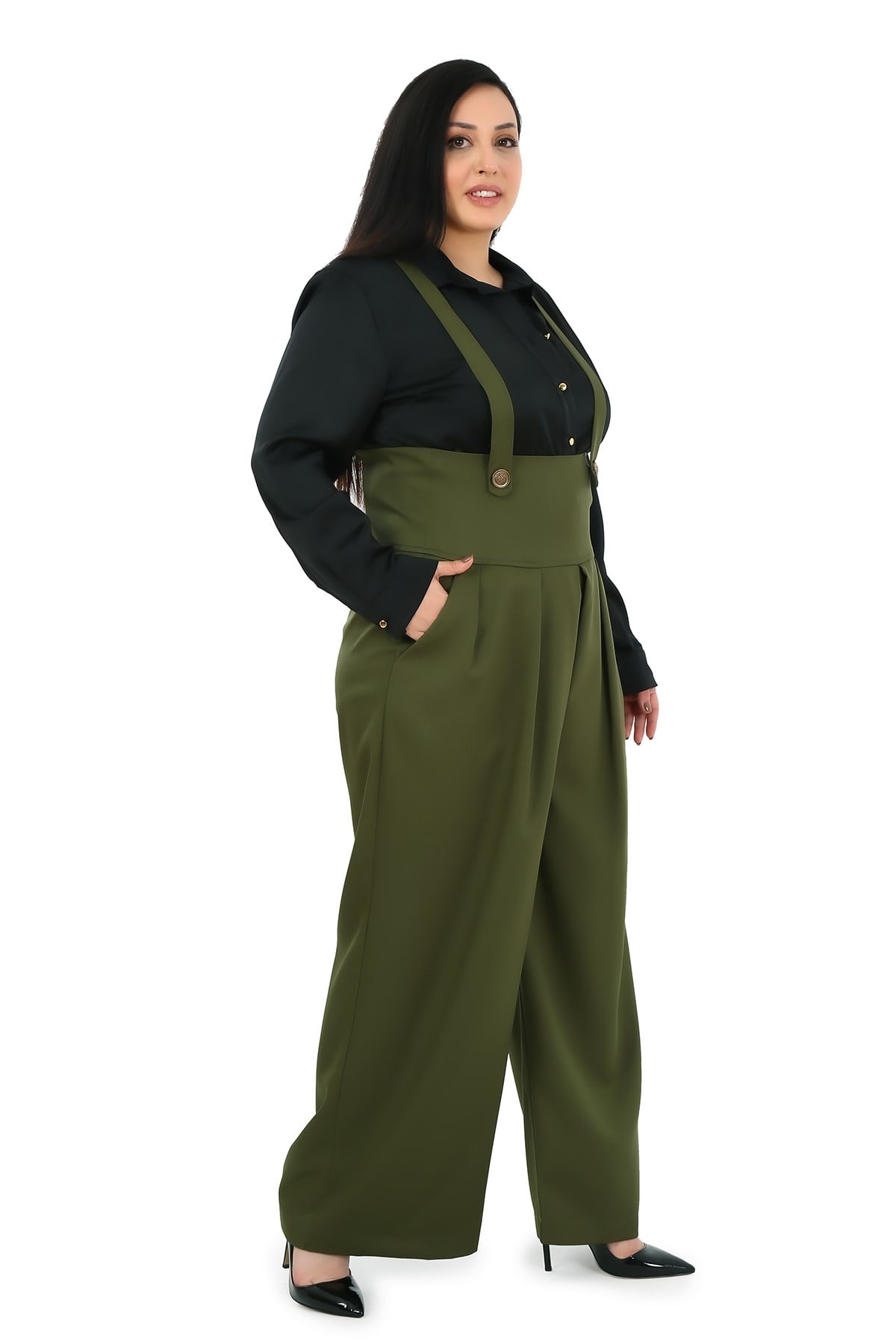 Plus Size Pleated Front Pocket Suspender Button Detailed Wide Leg Khaki Trousers