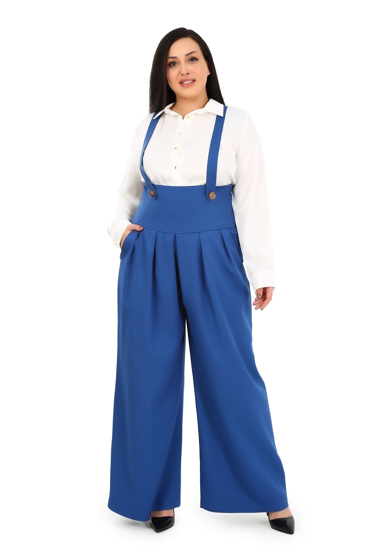 Plus Size Pleated Front Pocket Suspender Button Detailed Wide Leg İndigo Trousers
