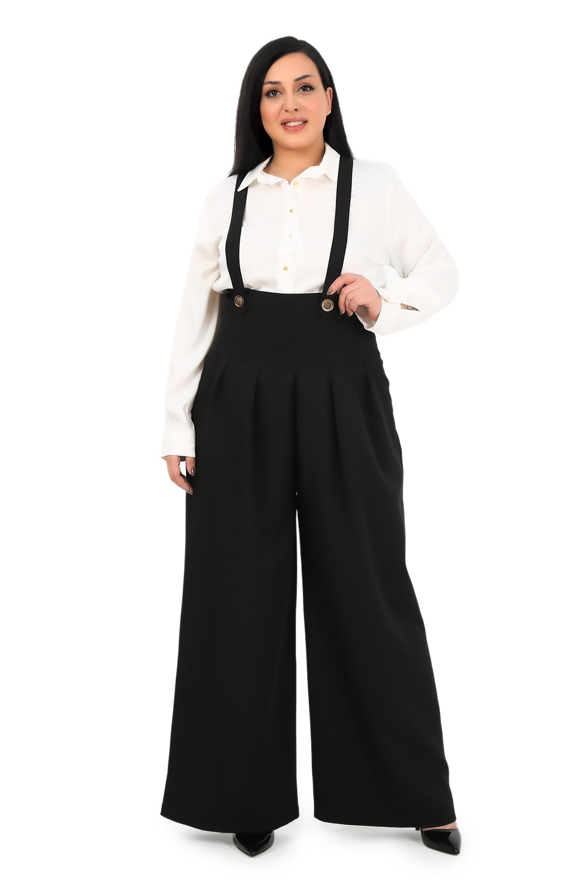 Plus Size Pleated Front Pocket Suspender Button Detailed Wide Leg Black Trousers