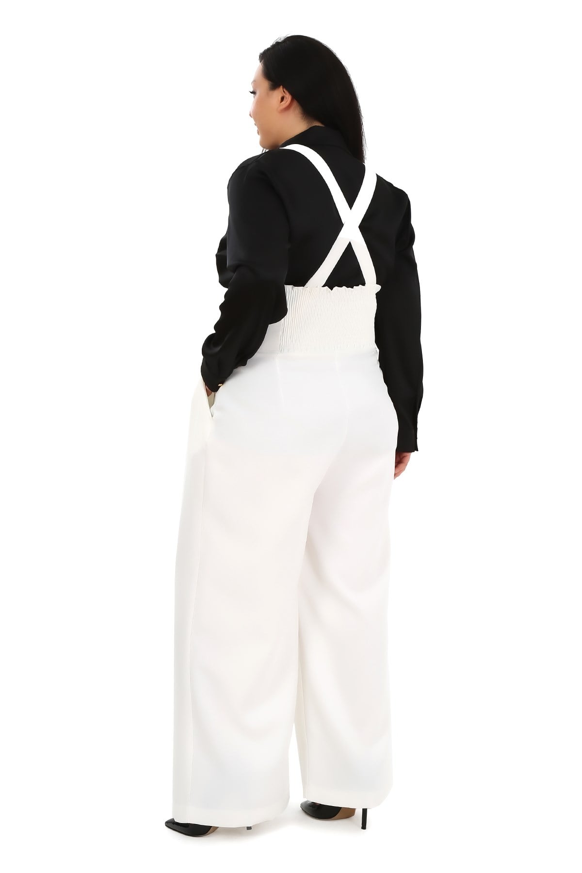 Plus Size Pleated Front Pocket Suspender Button Detailed Wide Leg White Trousers