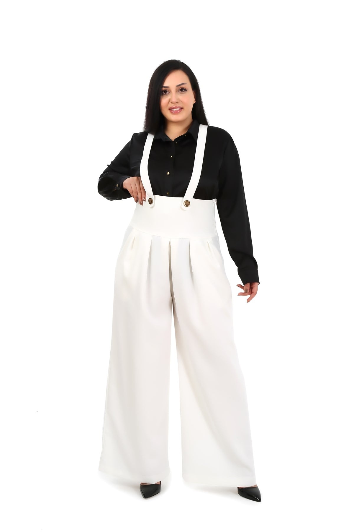 Plus Size Pleated Front Pocket Suspender Button Detailed Wide Leg White Trousers