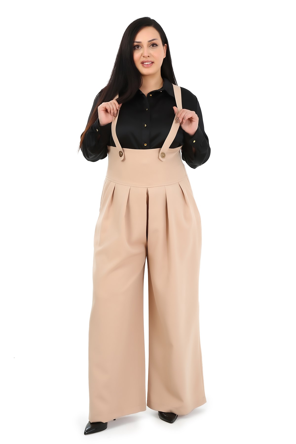 Plus Size Pleated Front Pocket Suspender Button Detailed Wide Leg Beige Trousers
