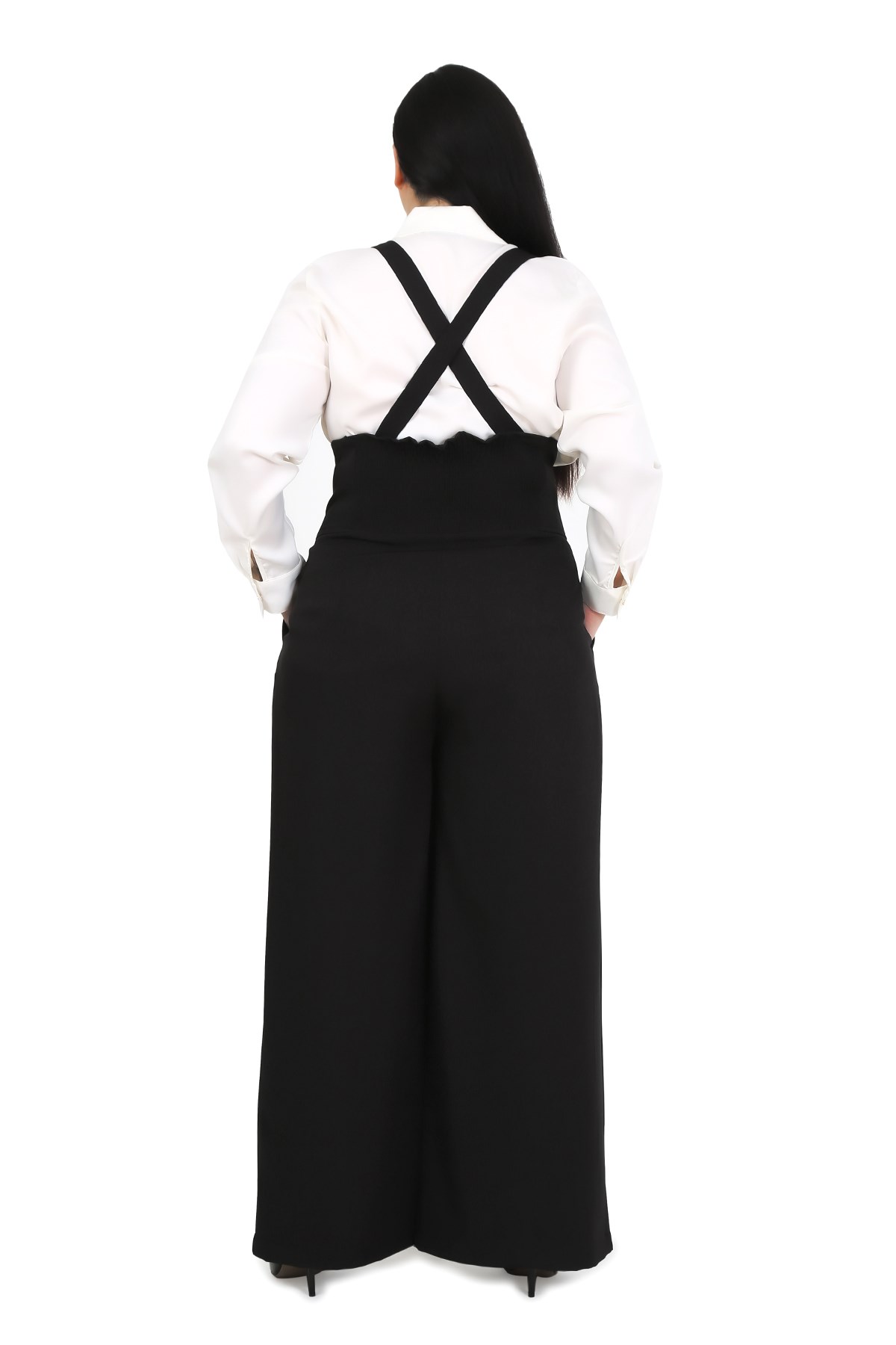 Plus Size Pleated Front Pocket Suspender Button Detailed Wide Leg Black Trousers