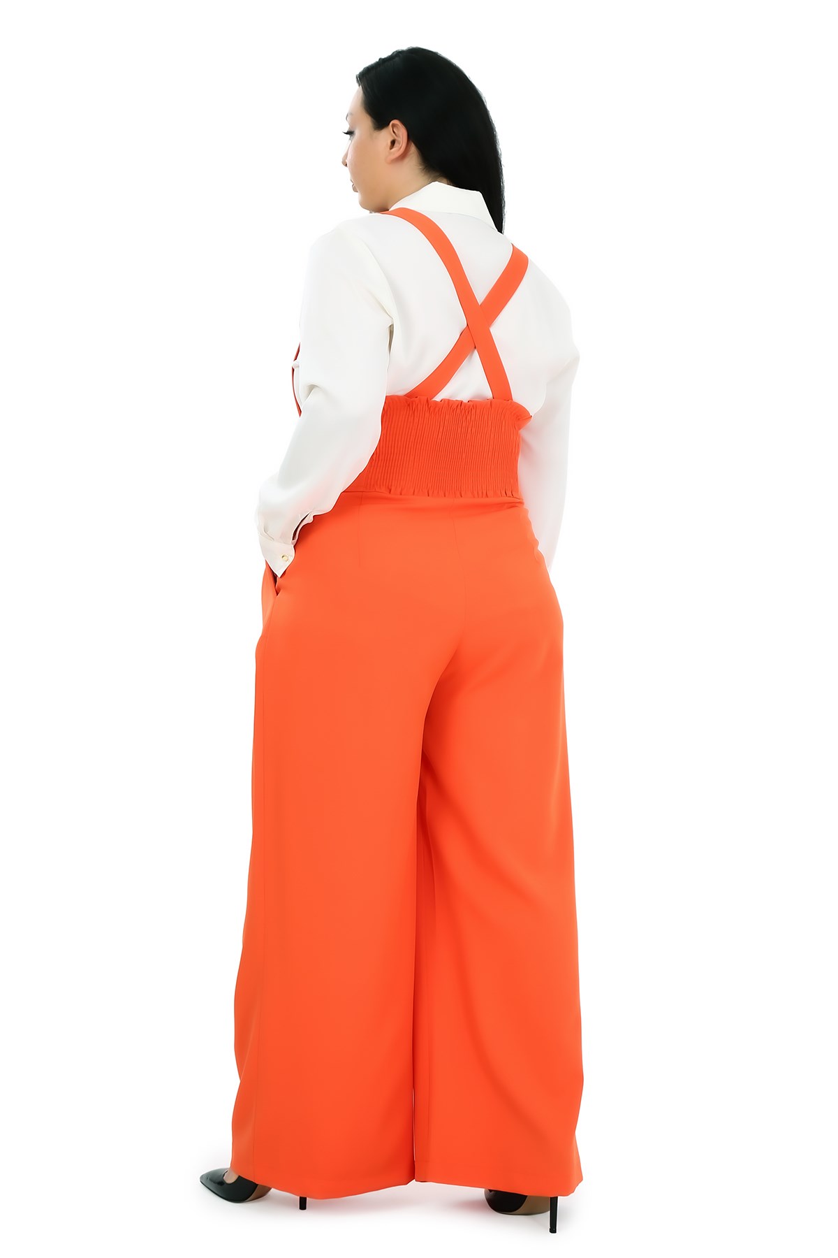 Plus Size Pleated Front Pocket Suspender Button Detailed Wide Leg Orange Trousers