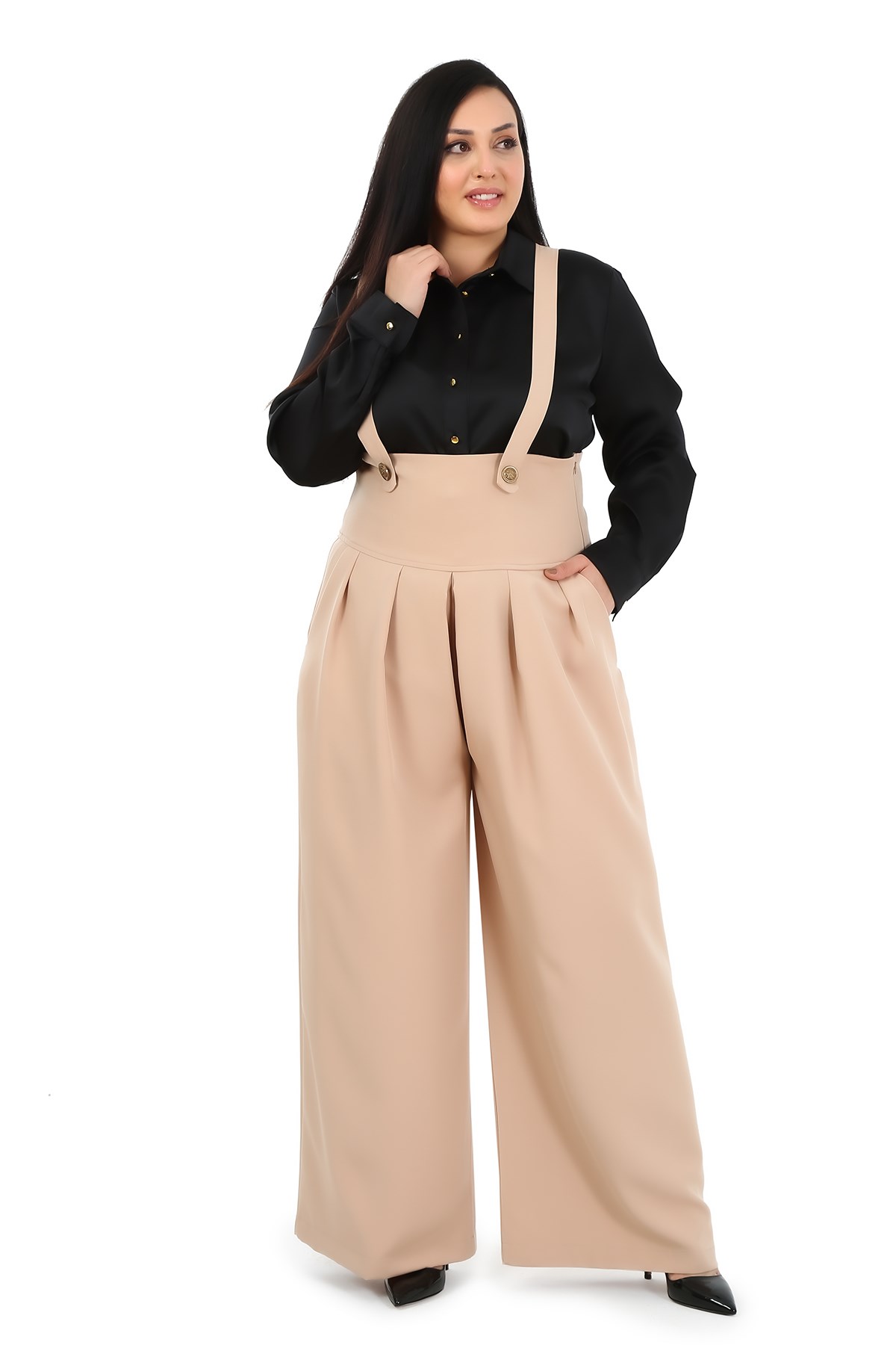 Plus Size Pleated Front Pocket Suspender Button Detailed Wide Leg Beige Trousers