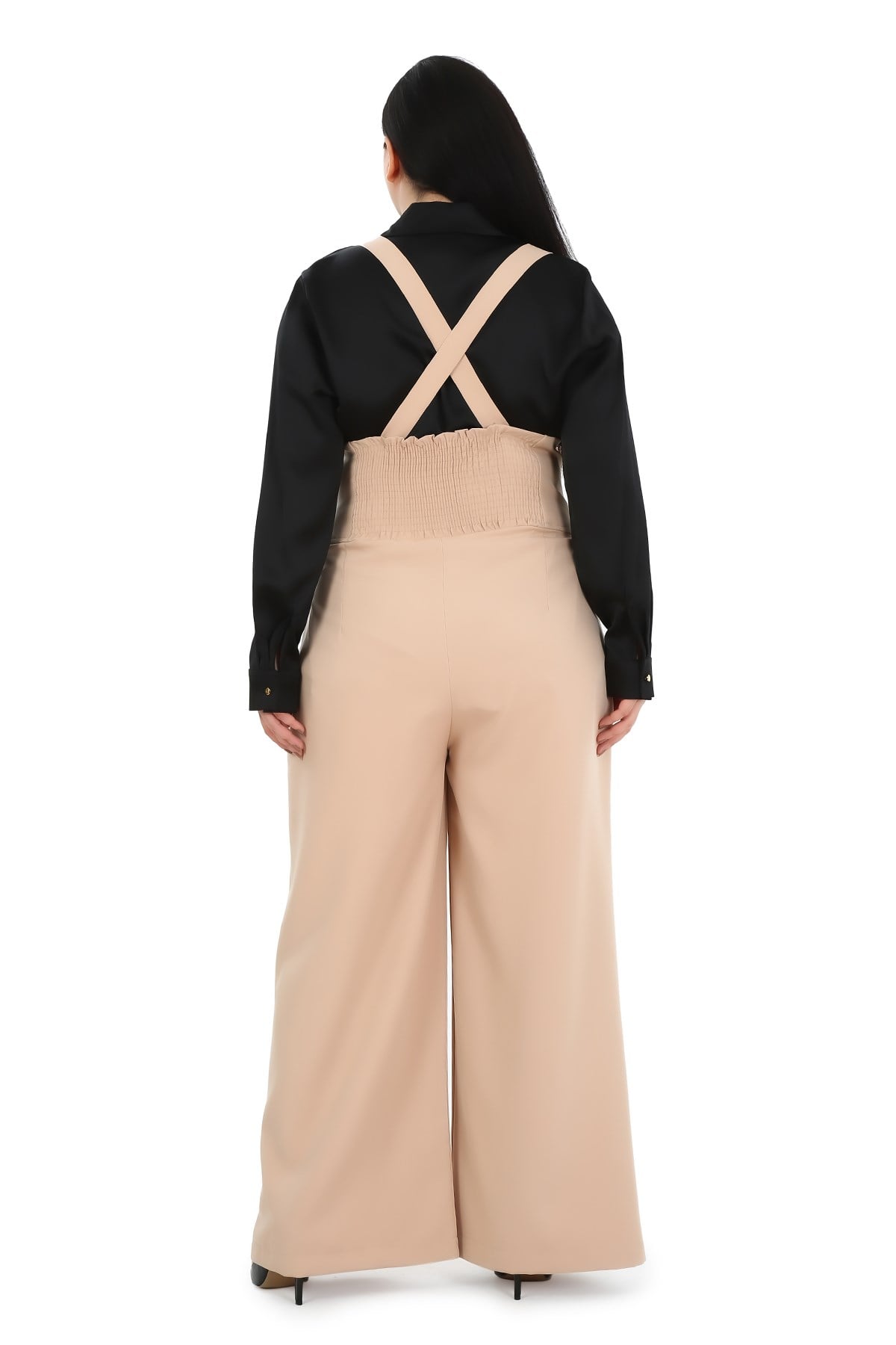Plus Size Pleated Front Pocket Suspender Button Detailed Wide Leg Beige Trousers