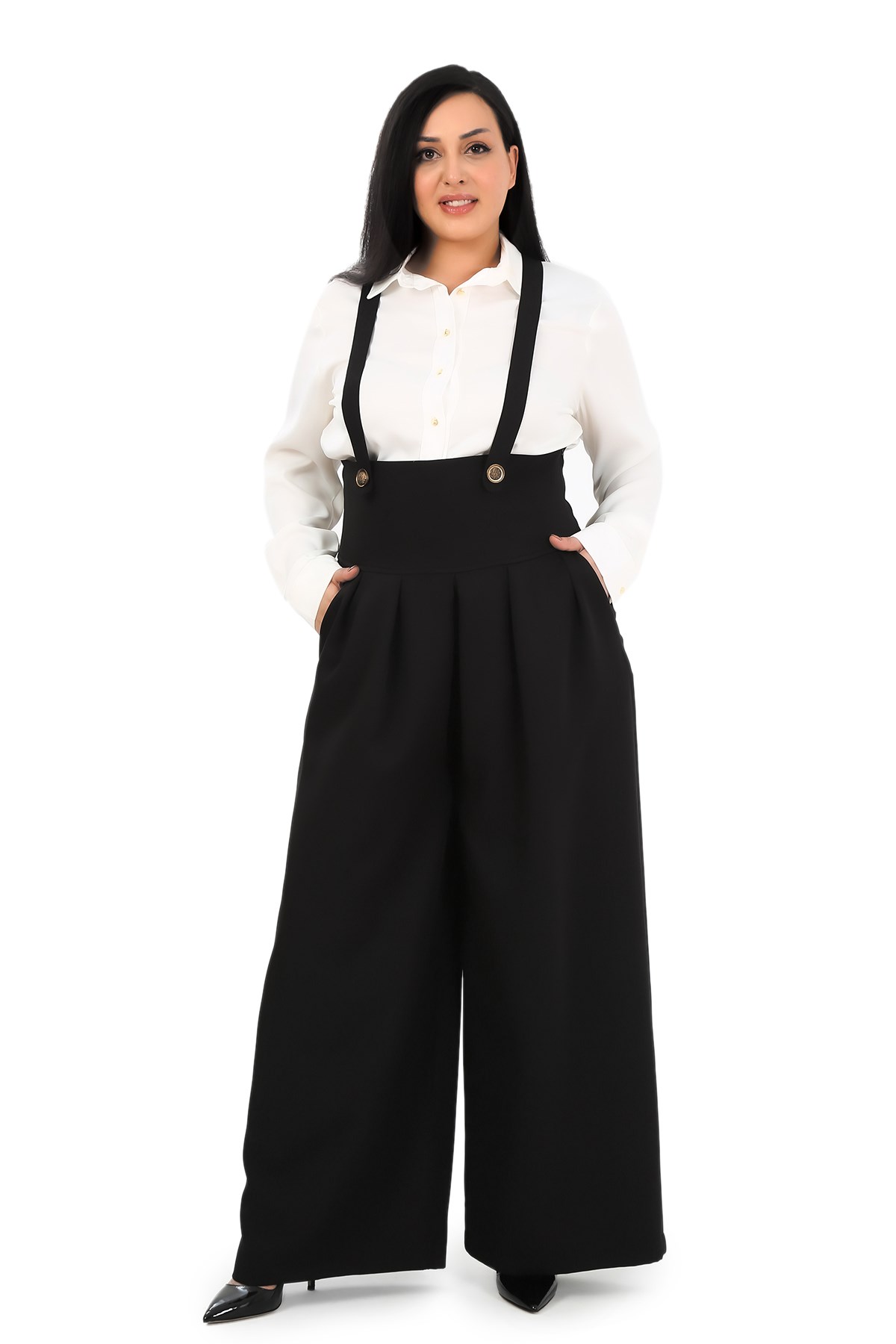 Plus Size Pleated Front Pocket Suspender Button Detailed Wide Leg Black Trousers