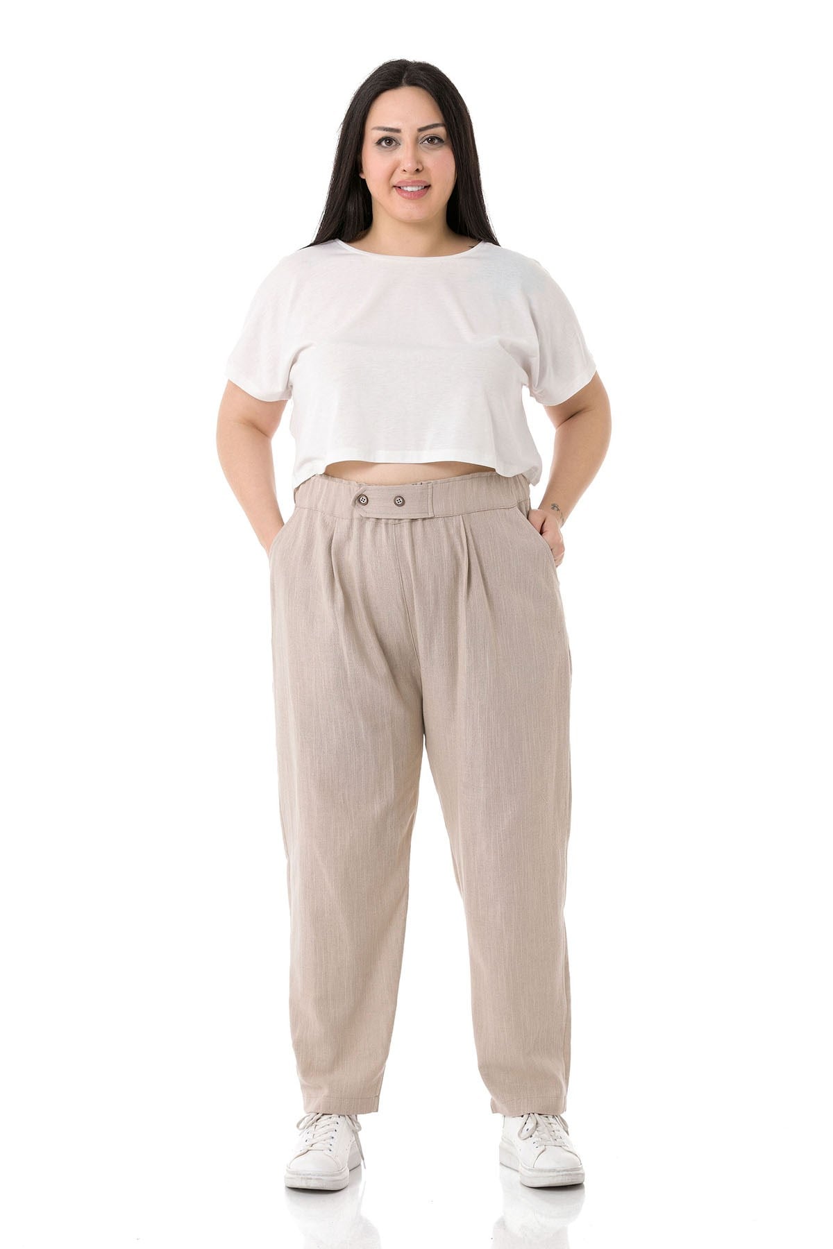 Plus Size Front Pleated Pocketed Linen Beige Trousers