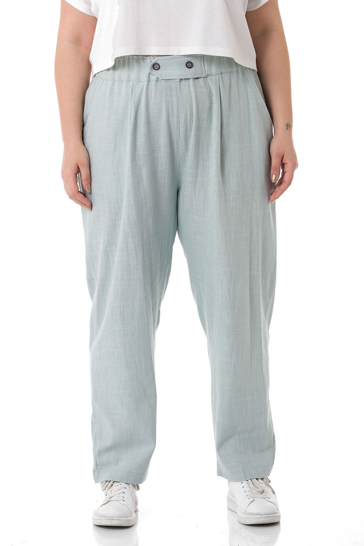 Plus Size Front Pleated Pocketed Linen Water Green Trousers