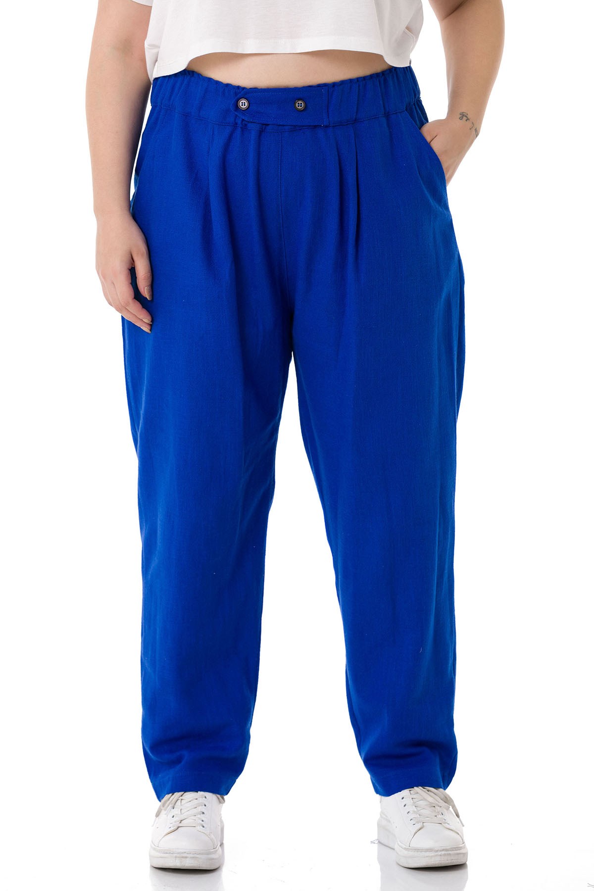 Plus Size Front Pleated Pocketed Linen İndigo Trousers