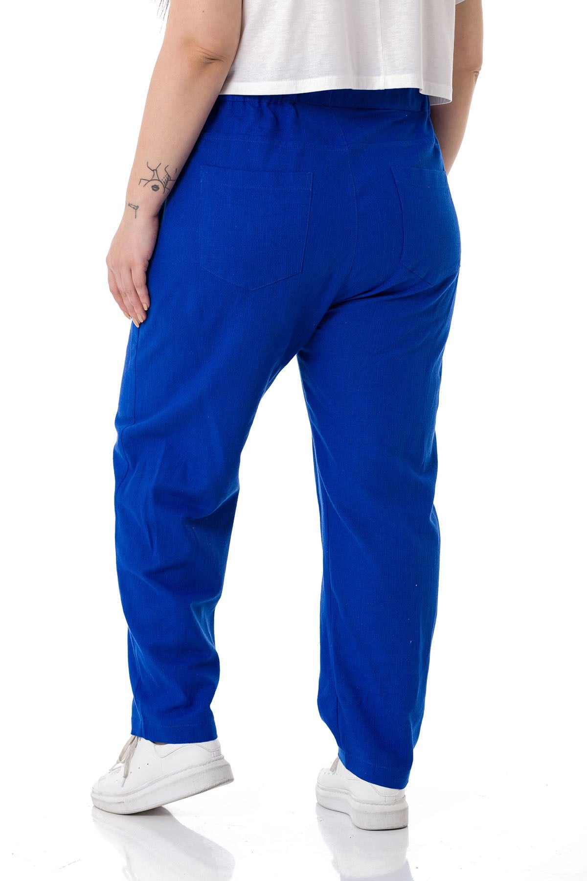 Plus Size Front Pleated Pocketed Linen İndigo Trousers