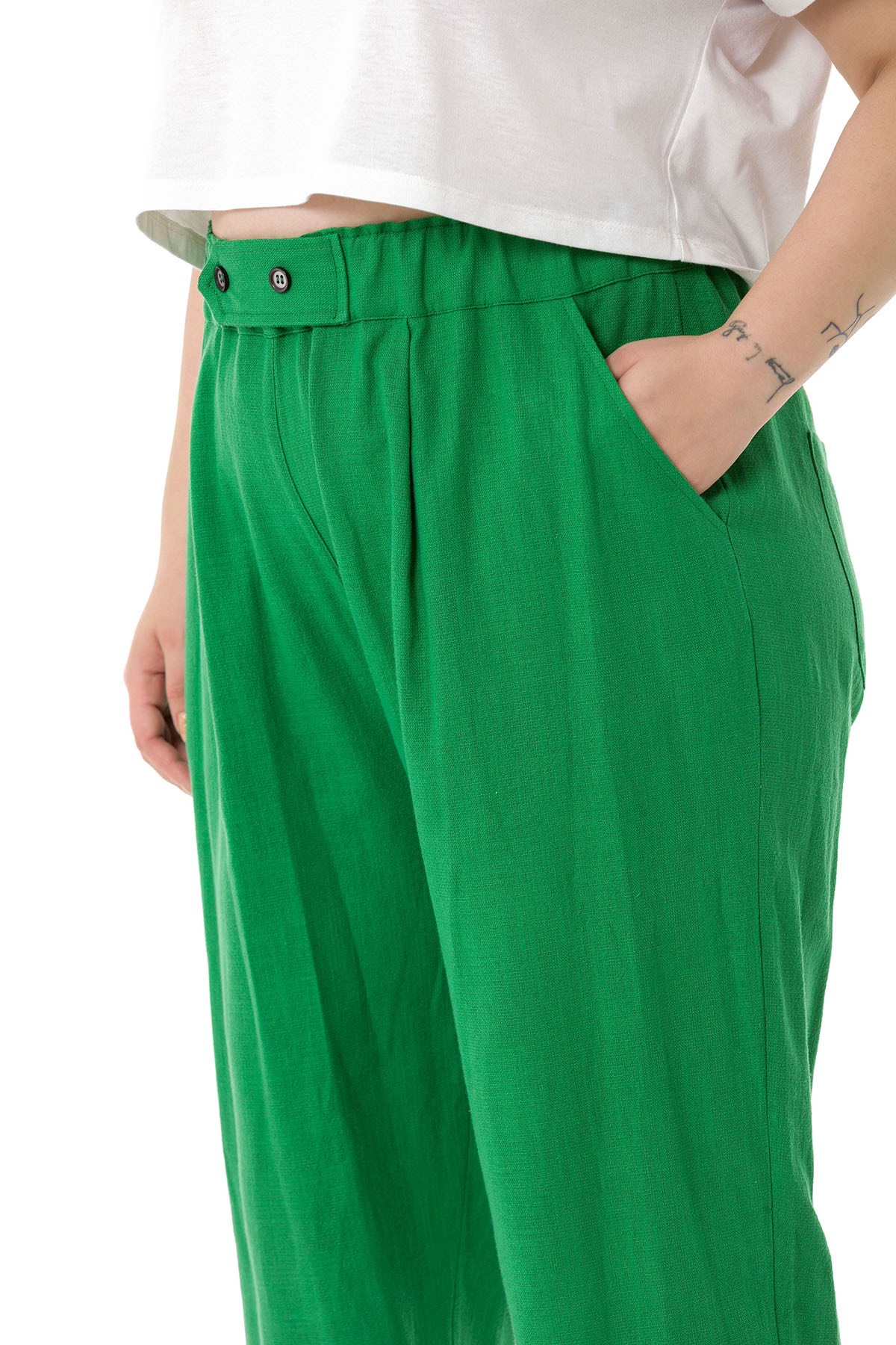 Plus Size Front Pleated Pocketed Linen Green Trousers