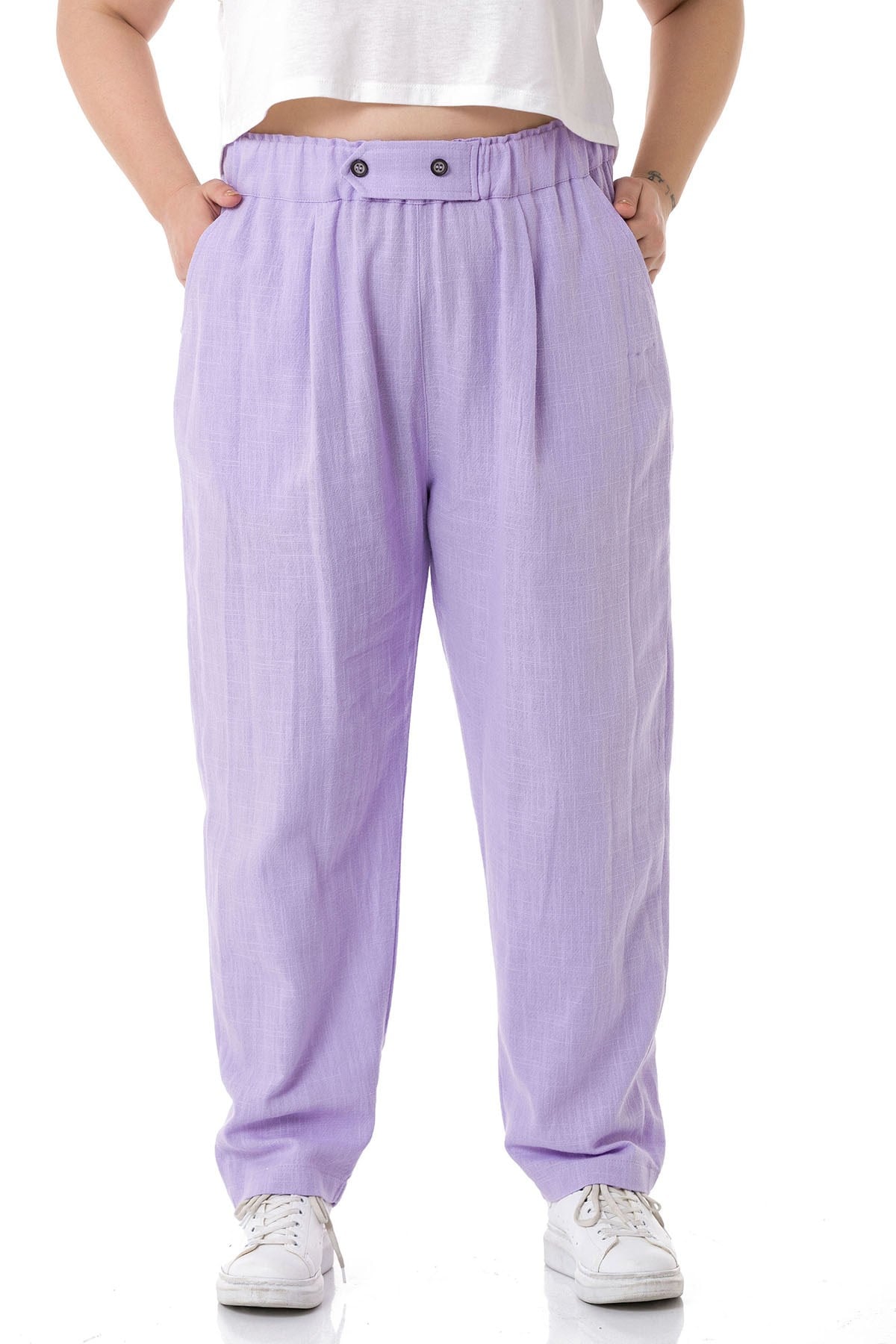 Plus Size Front Pleated Pocketed Linen Lilac Trousers