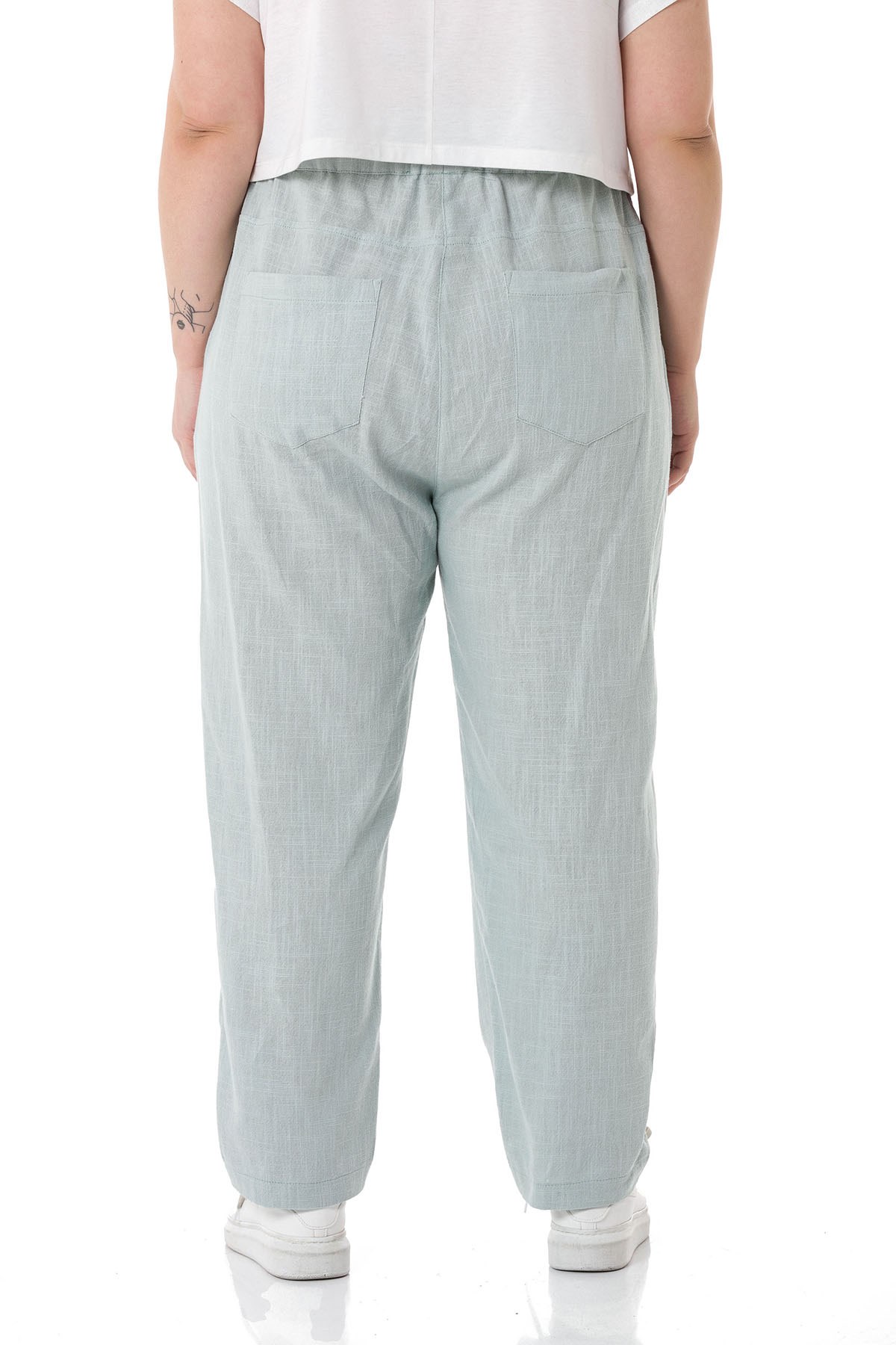 Plus Size Front Pleated Pocketed Linen Water Green Trousers