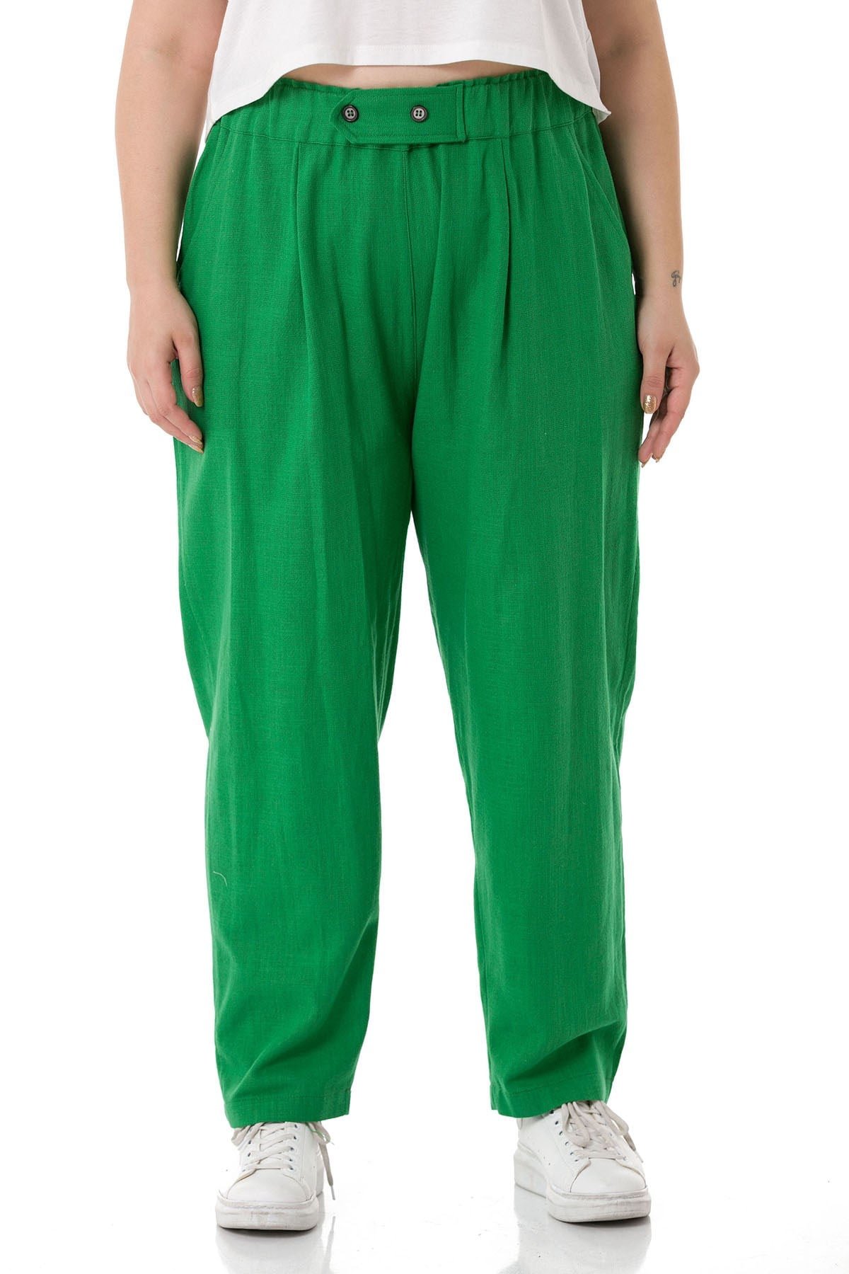 Plus Size Front Pleated Pocketed Linen Green Trousers