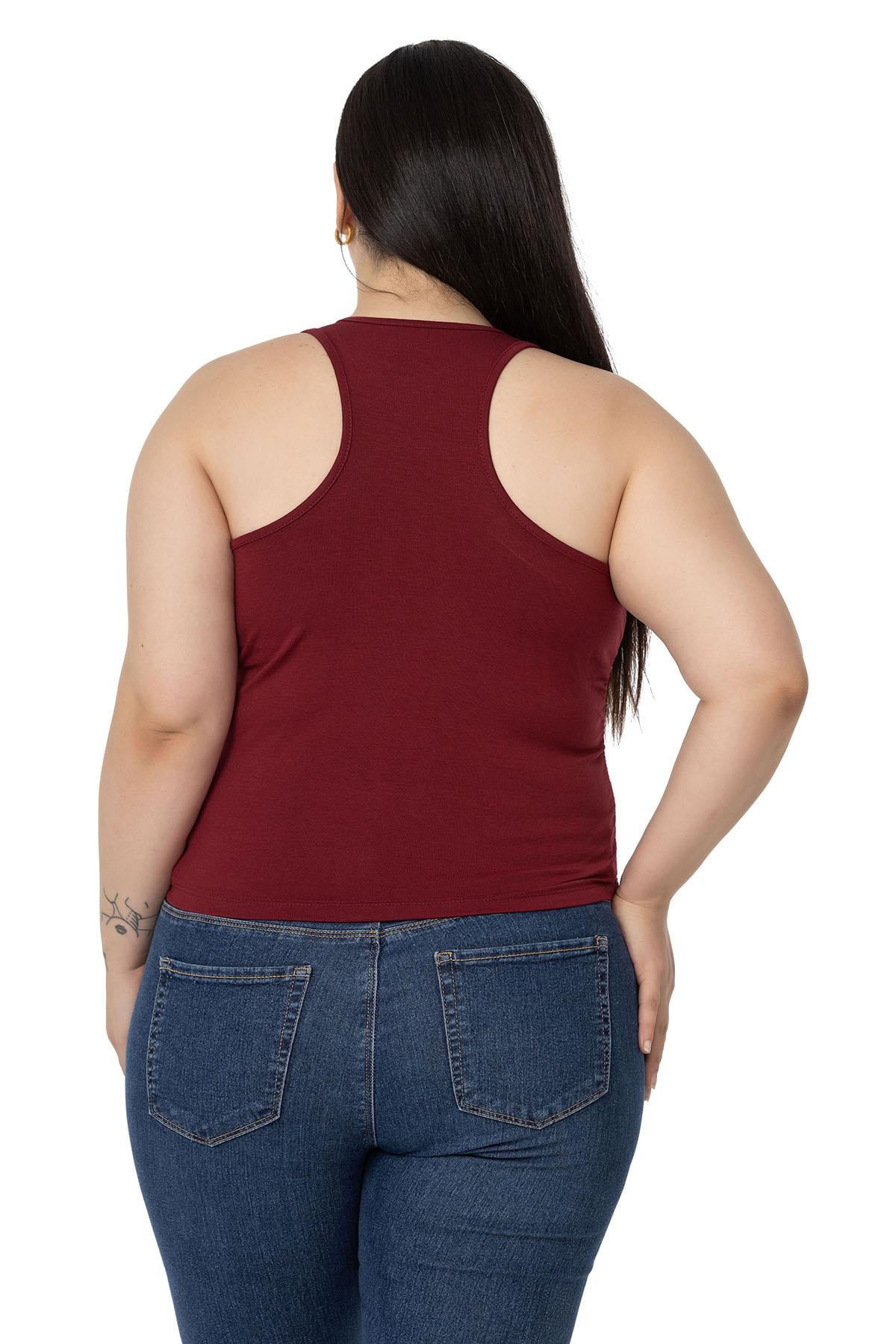 Büyük Beden Önü ve Yanları Drapeli Halter Yaka Bordo Body