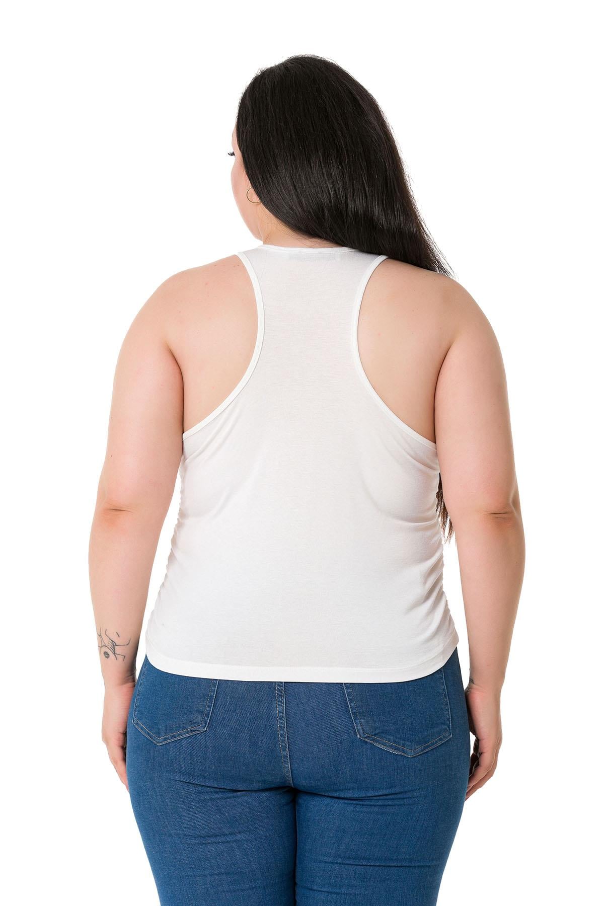 Büyük Beden Önü ve Yanları Drapeli Halter Yaka Ekru Body