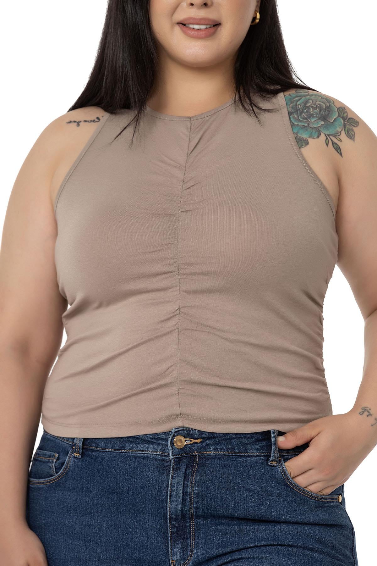 Büyük Beden Önü ve Yanları Drapeli Halter Yaka Vizon Body