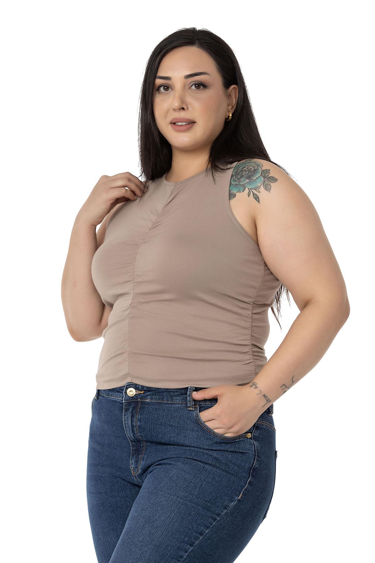 Büyük Beden Önü ve Yanları Drapeli Halter Yaka Vizon Body