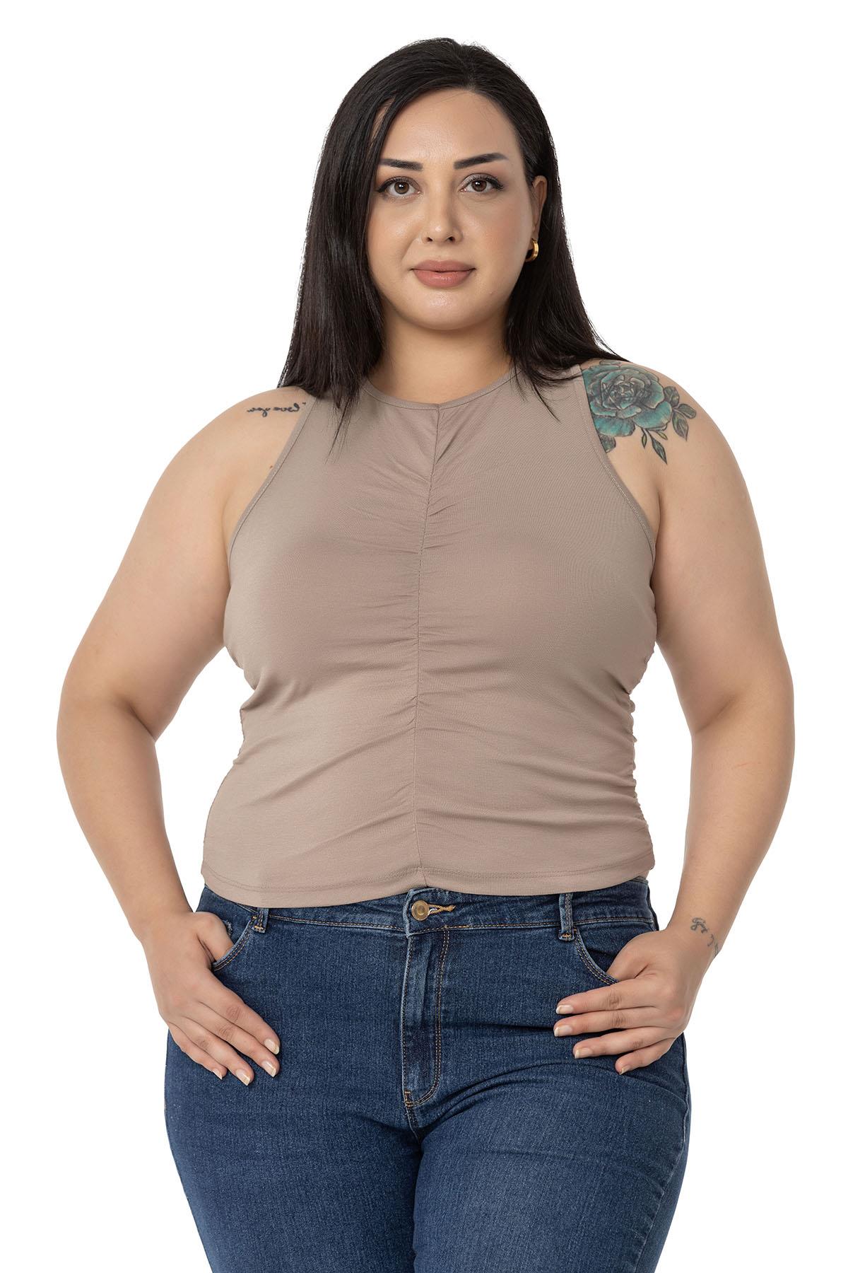 Büyük Beden Önü ve Yanları Drapeli Halter Yaka Vizon Body