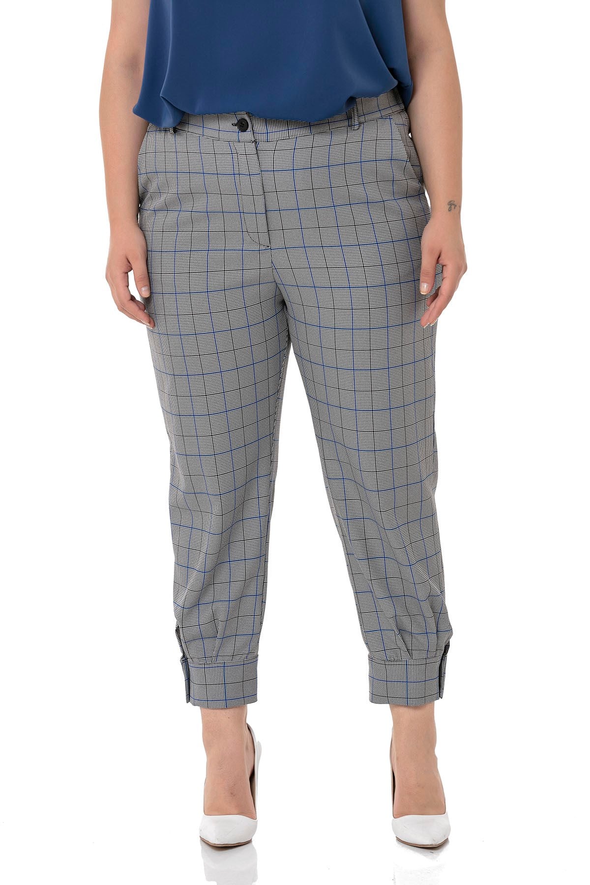Plus Size Black Blue Checkered Trousers with Leg Detail and Elastic Waist Back
