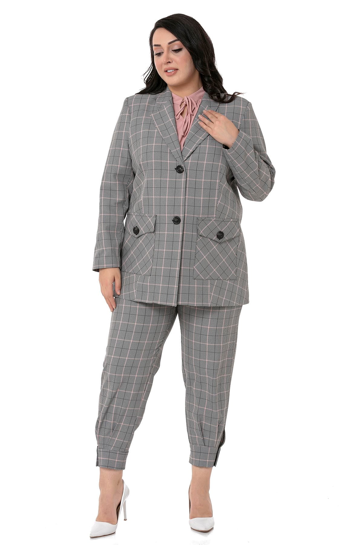 Plus Size Black Pink Checkered Trousers with Leg Detail and Elastic Waist Back