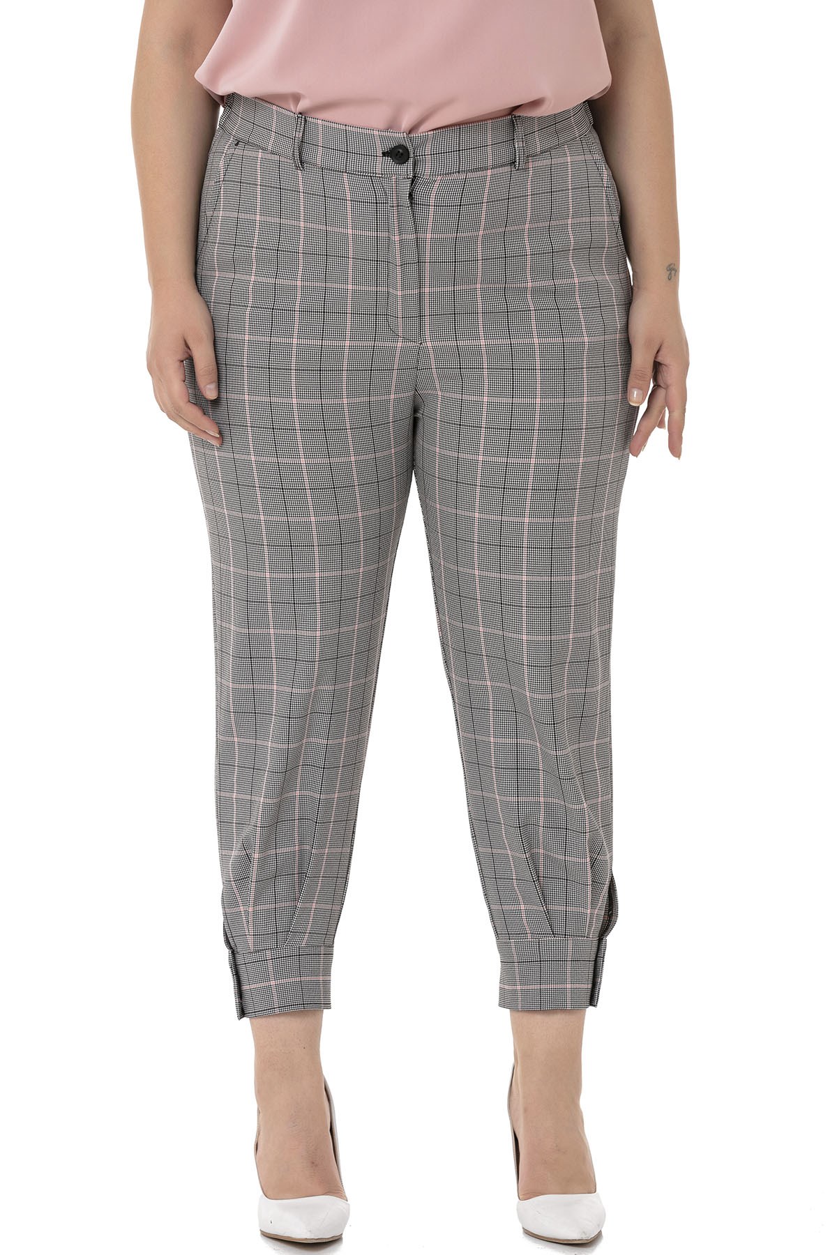 Plus Size Black Pink Checkered Trousers with Leg Detail and Elastic Waist Back