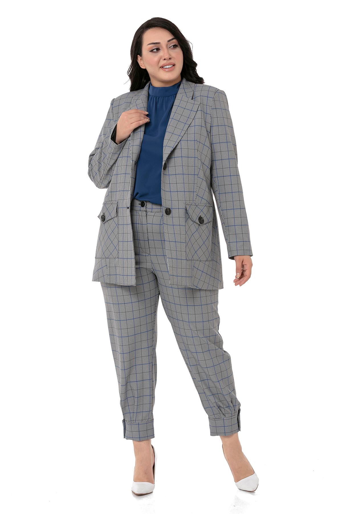 Plus Size Black Blue Checkered Trousers with Leg Detail and Elastic Waist Back