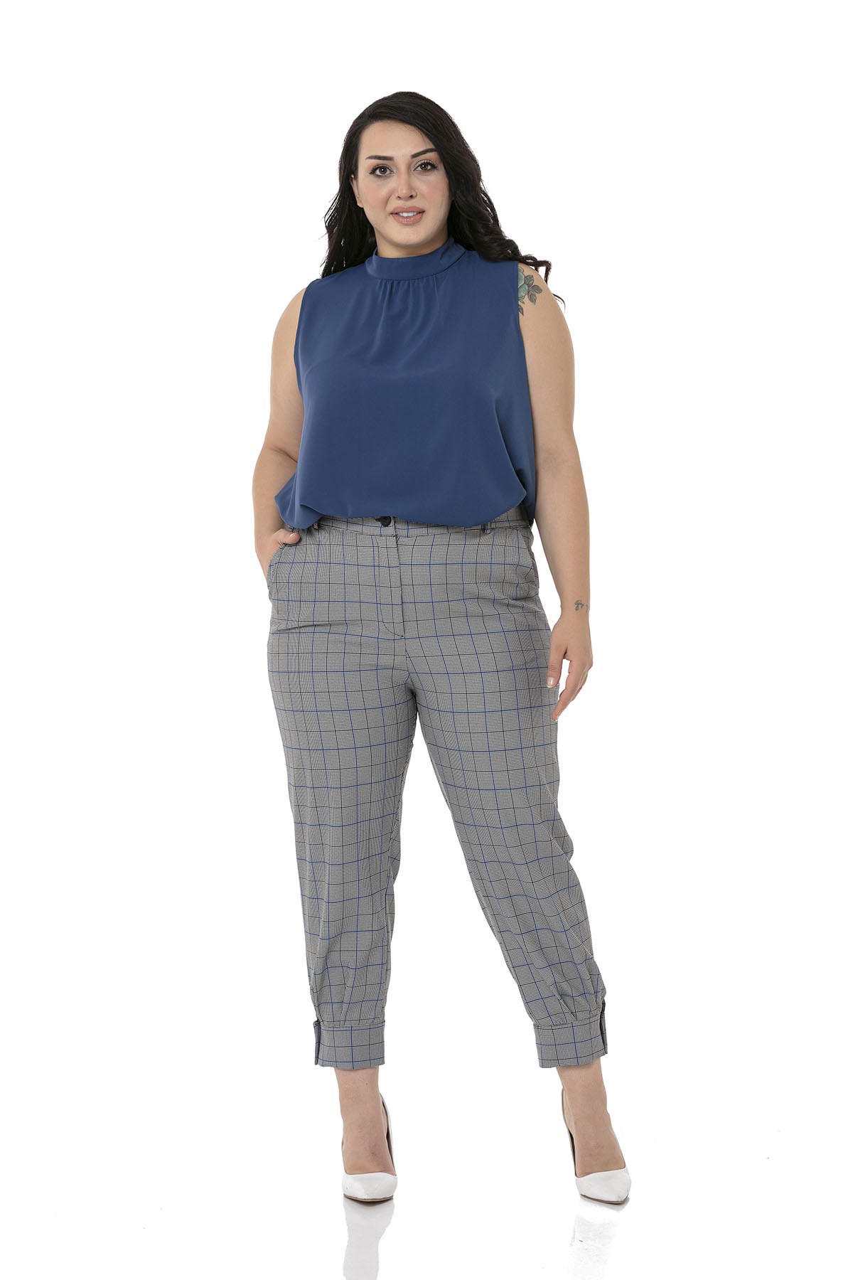 Plus Size Black Blue Checkered Trousers with Leg Detail and Elastic Waist Back