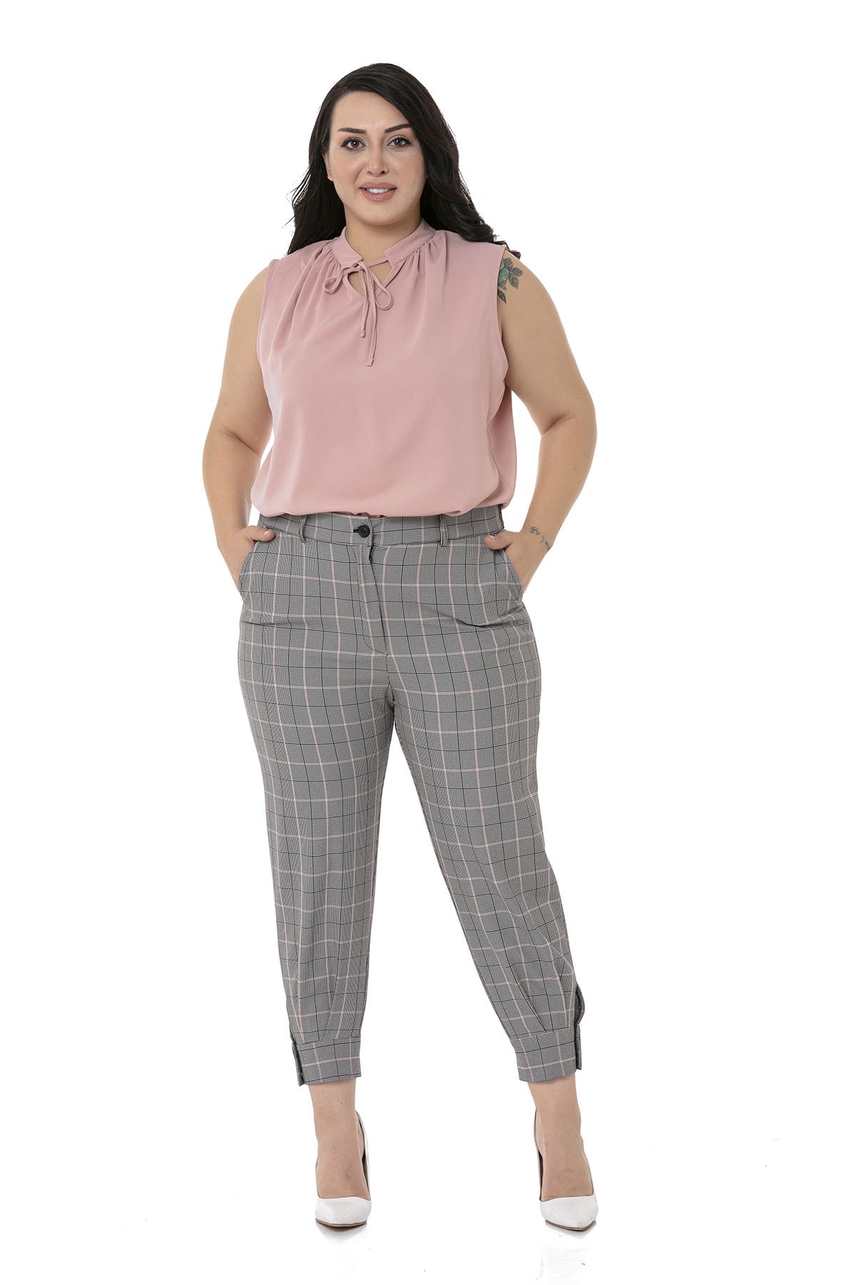 Plus Size Black Pink Checkered Trousers with Leg Detail and Elastic Waist Back