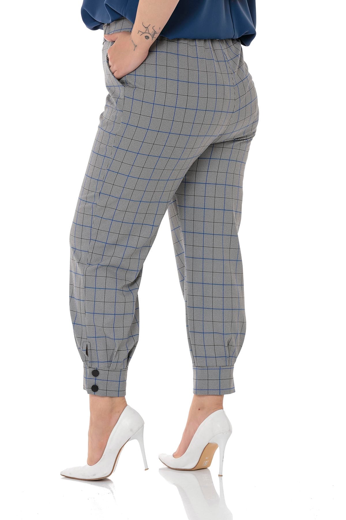 Plus Size Black Blue Checkered Trousers with Leg Detail and Elastic Waist Back