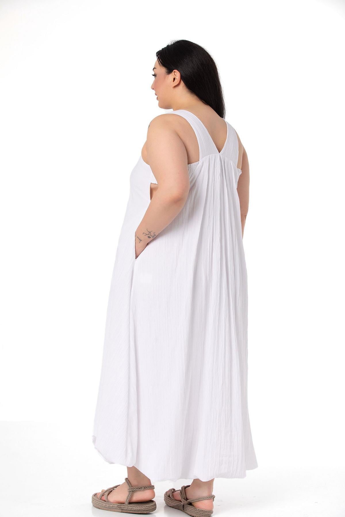 Plus Size White Balloon Dress with Window Detail and Straps