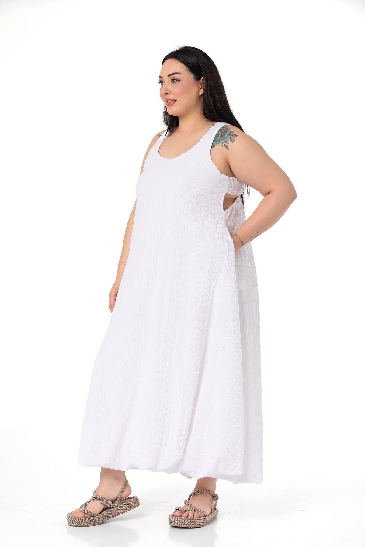 Plus Size White Balloon Dress with Window Detail and Straps